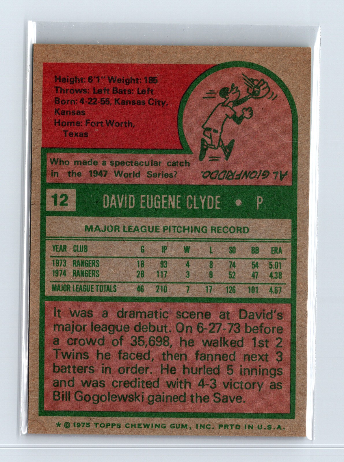 1975 Topps Baseball - SET BREAK - #12 David Clyde - Image 2