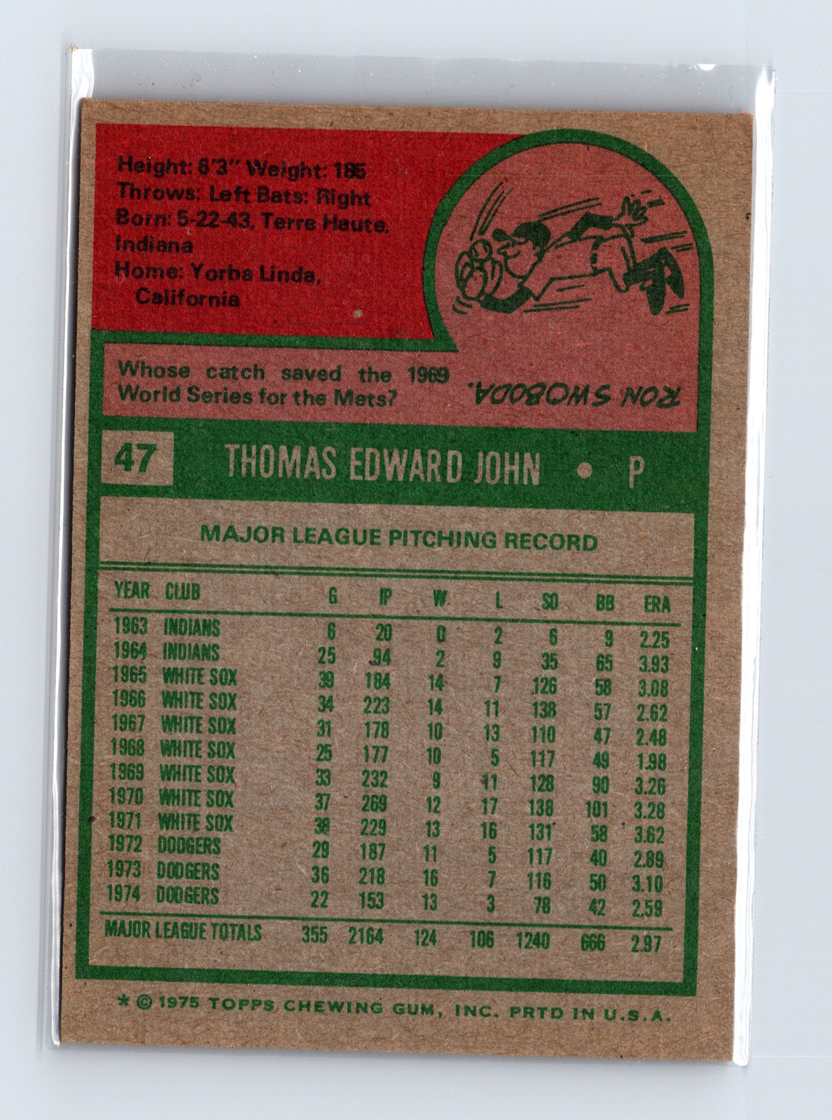 1975 Topps Baseball - SET BREAK - #47 Tommy John - Image 2