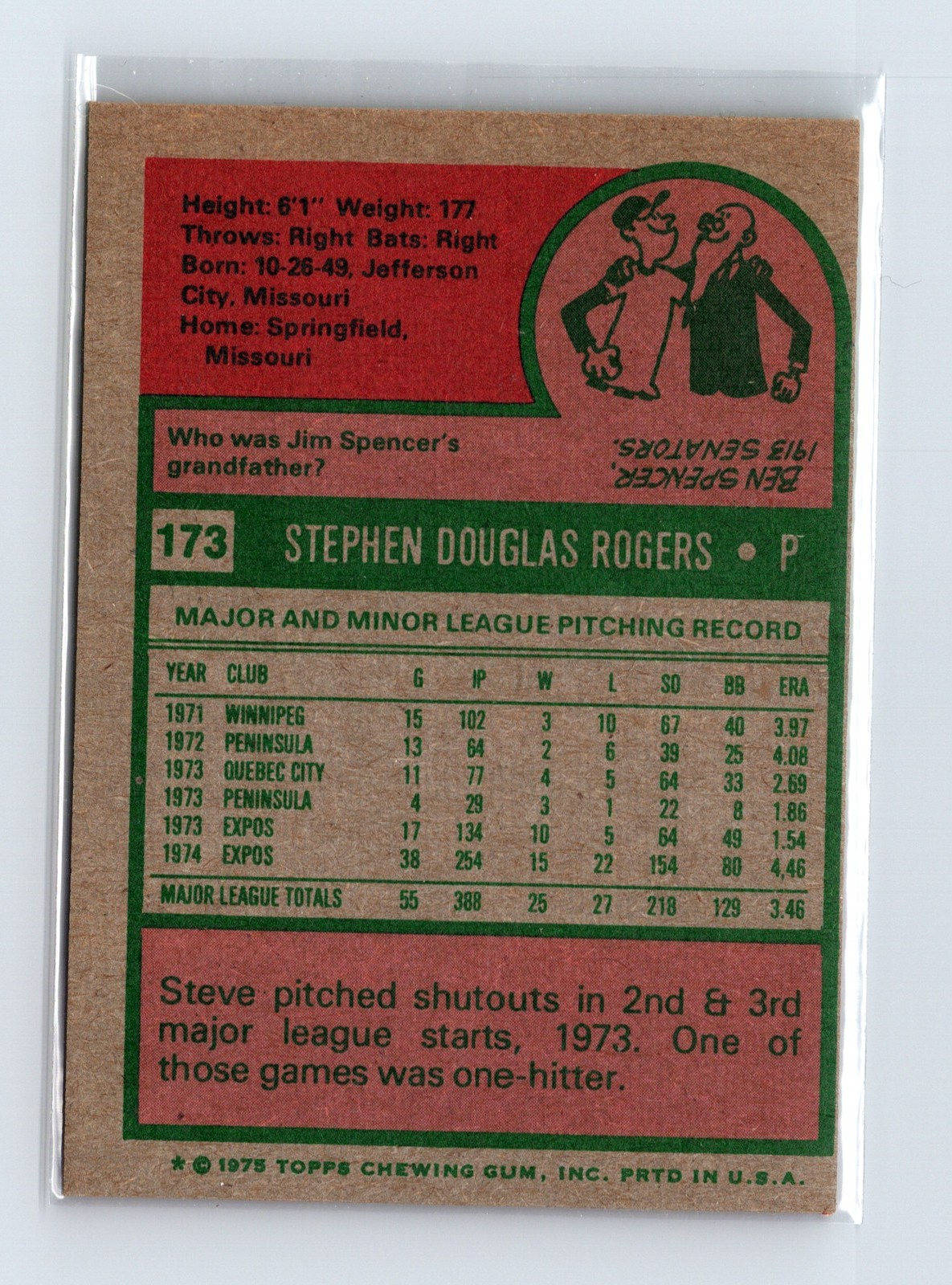 1975 Topps Baseball - SET BREAK - #173 Steve Rogers - Image 2