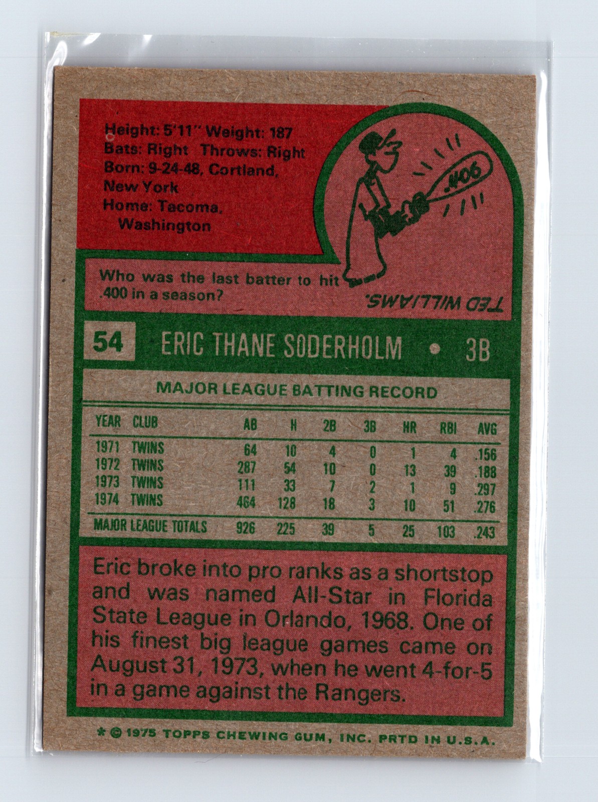 1975 Topps Baseball - SET BREAK - #54 Eric Soderholm - Image 2