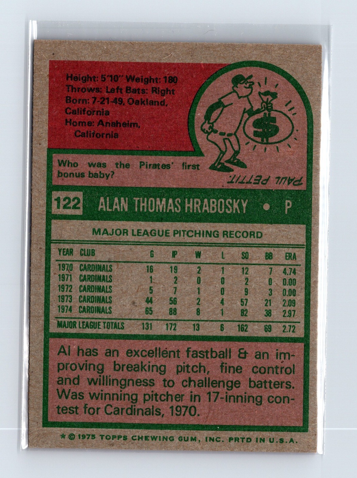 1975 Topps Baseball - SET BREAK - #122 Al Hrabosky - Image 2