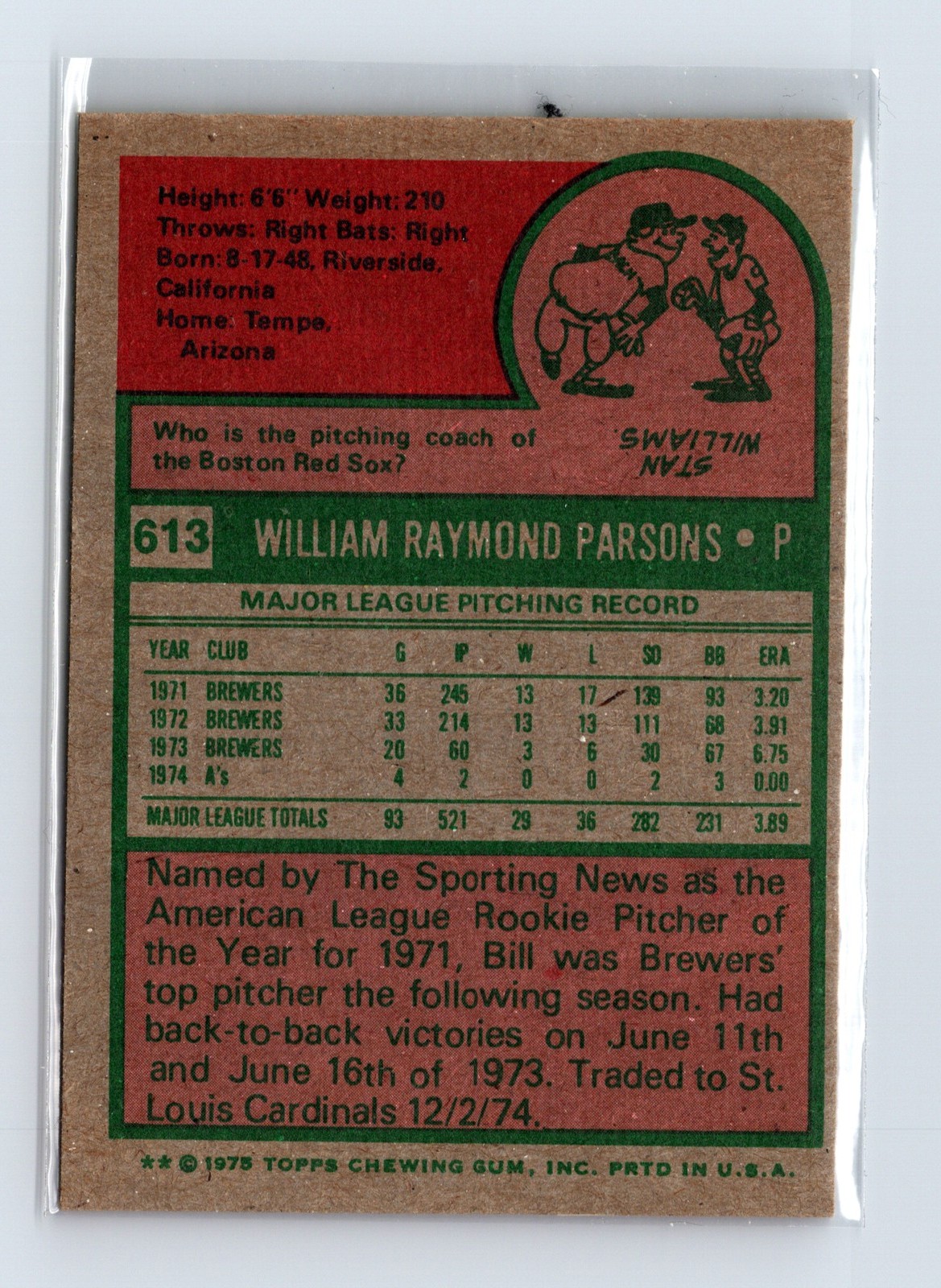 1975 Topps Baseball - SET BREAK - #613 Bill Parsons - Image 2