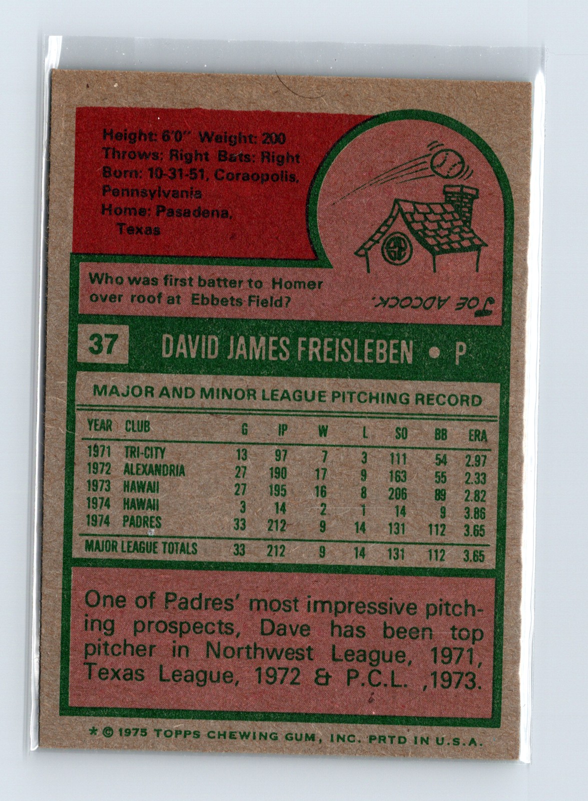 1975 Topps Baseball - SET BREAK - #37 Dave Freisleben - Image 2