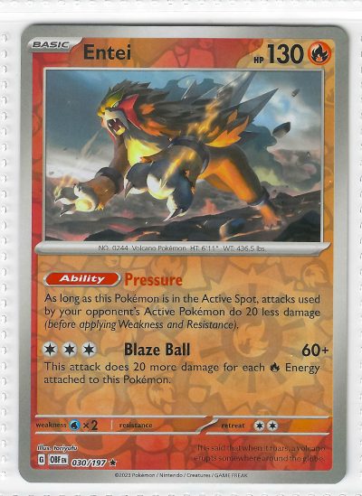 Entei Pokémon Card Obsidian Flames Holo Rare 030/197