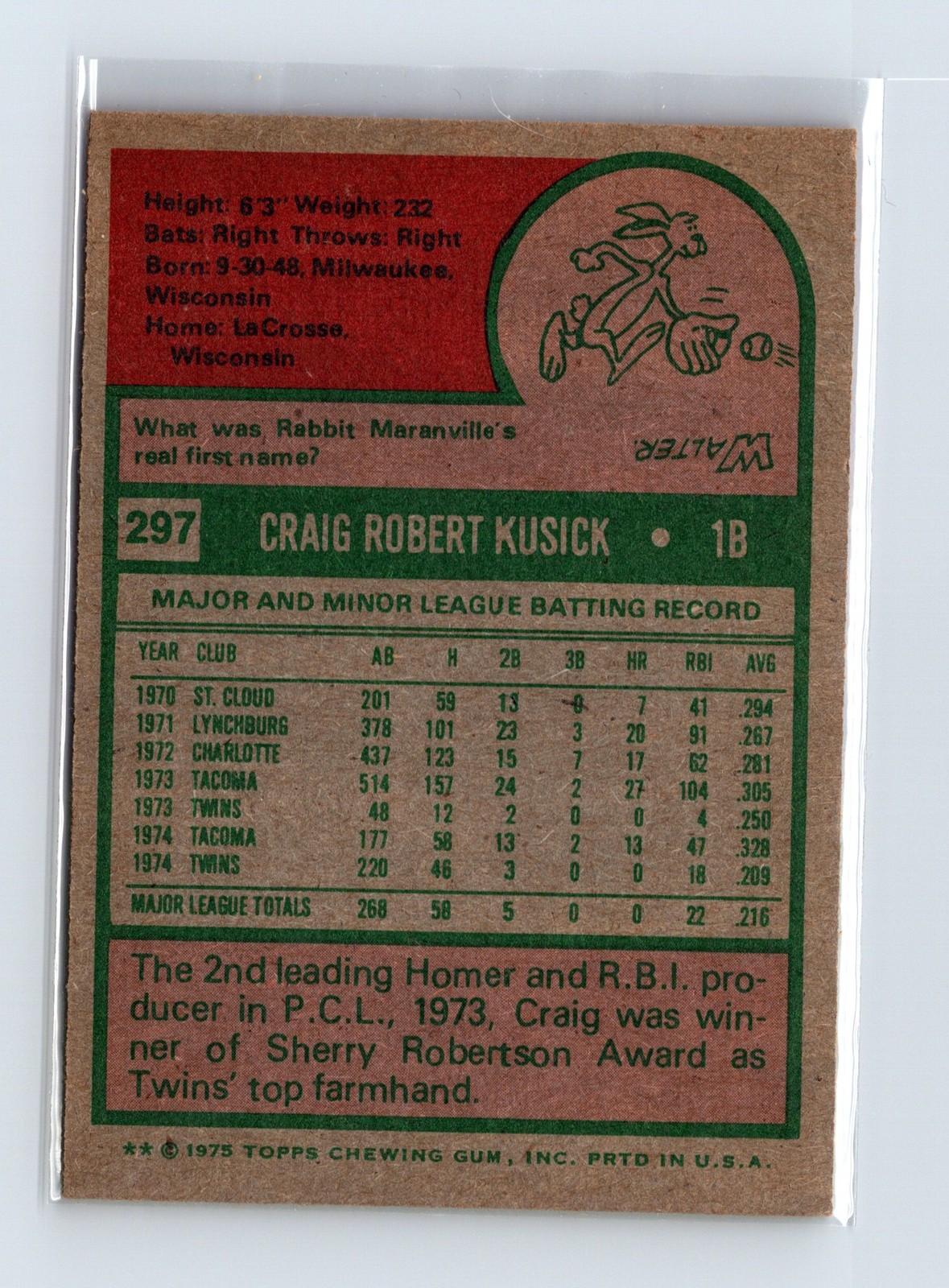 1975 Topps Baseball - SET BREAK - #297 Craig Kusick (RC) - Image 2