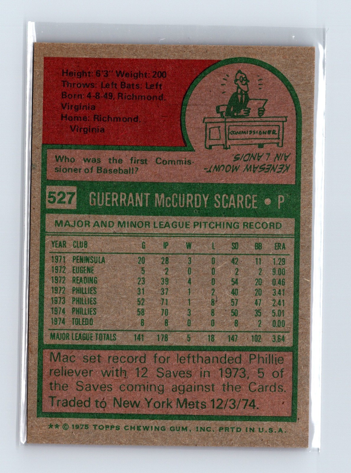 1975 Topps Baseball - SET BREAK - #527 Mac Scarce - Image 2