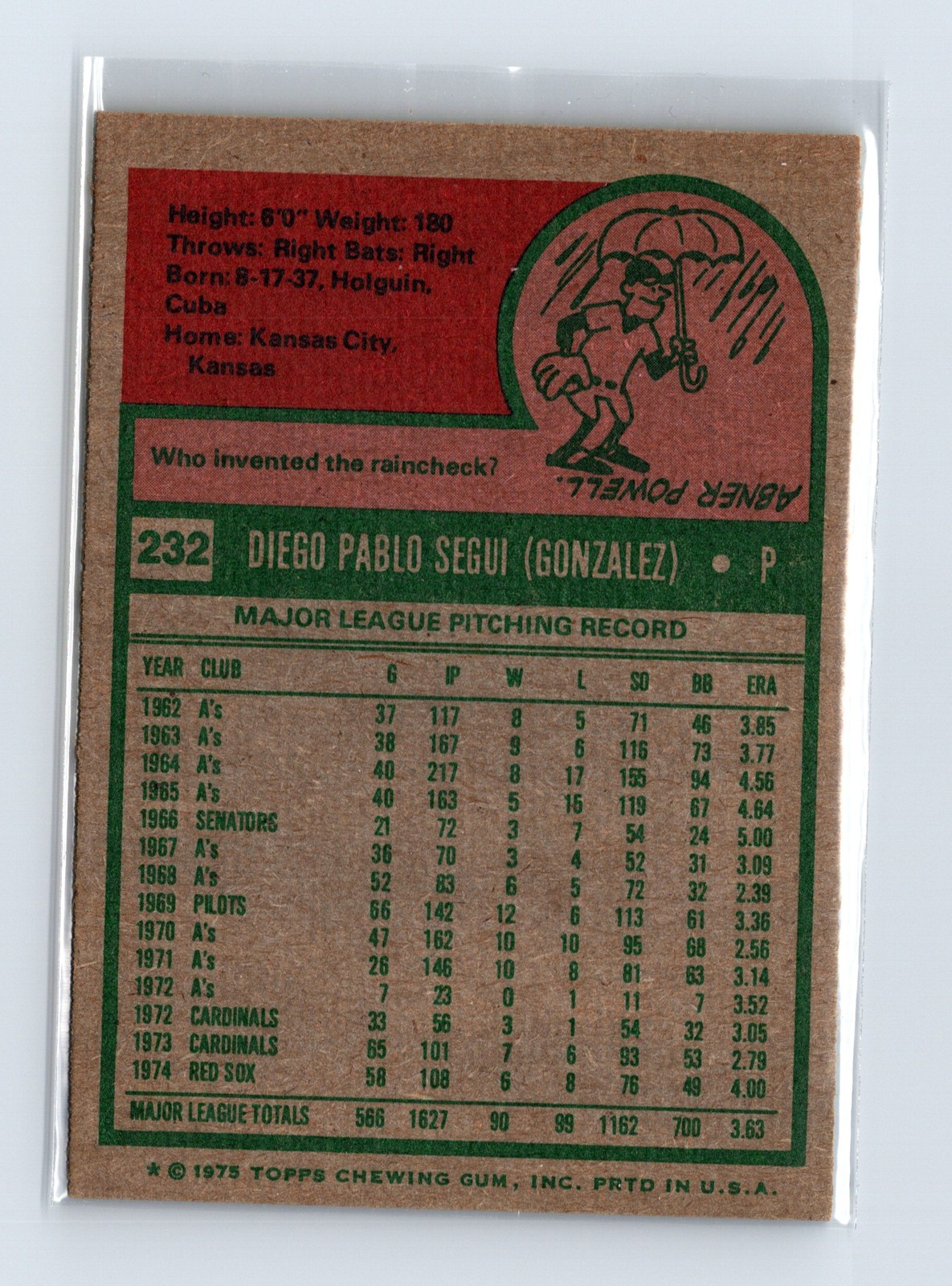 1975 Topps Baseball - SET BREAK - #232 Diego Segui - Image 2