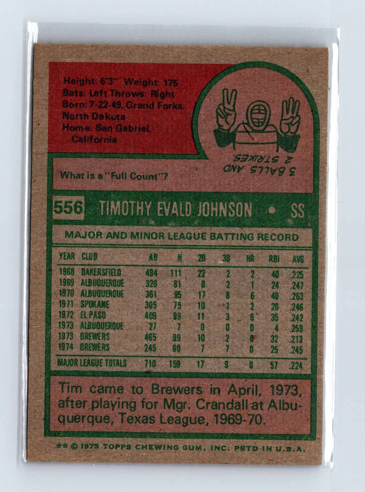 1975 Topps Baseball - SET BREAK - #556 Tim Johnson - Image 2