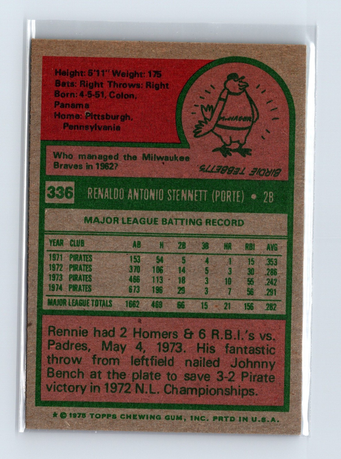 1975 Topps Baseball - SET BREAK - #336 Rennie Stennett - Image 2