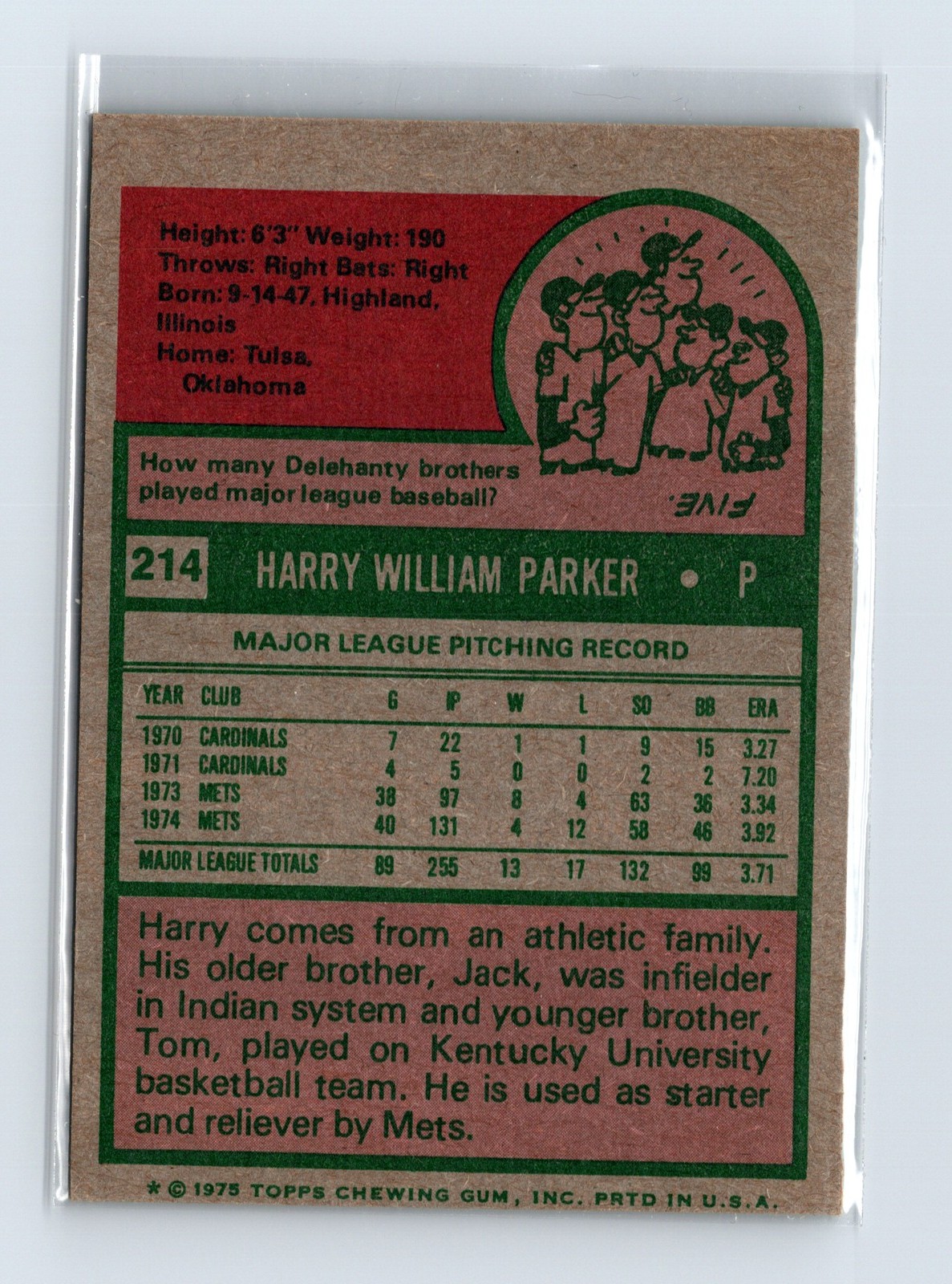 1975 Topps Baseball - SET BREAK - #214 Harry Parker - Image 2
