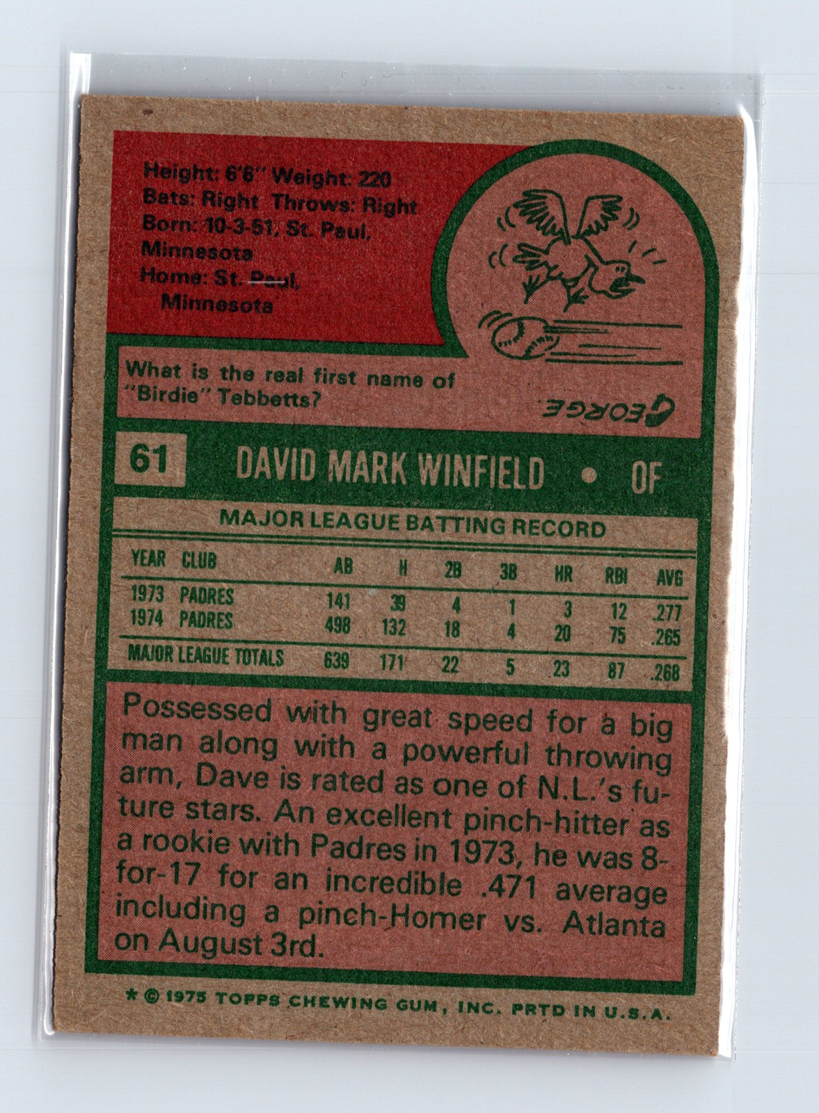 1975 Topps Baseball - SET BREAK - #61 Dave Winfield (HOF) - Image 2