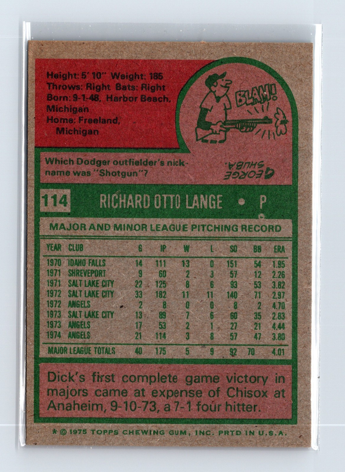 1975 Topps Baseball - SET BREAK - #114 Dick Lange - Image 2