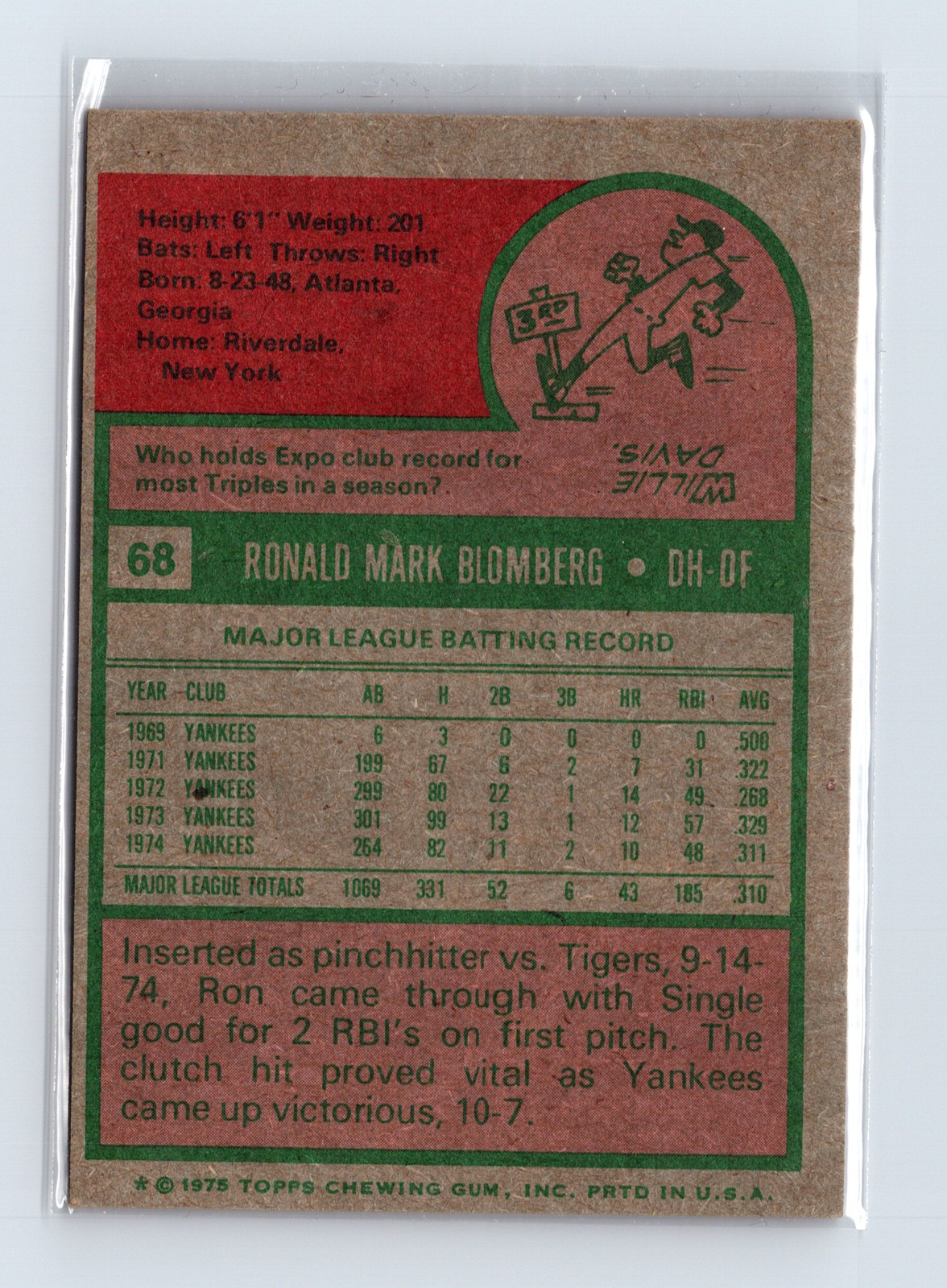1975 Topps Baseball - SET BREAK - #68 Ron Blomberg - Image 2