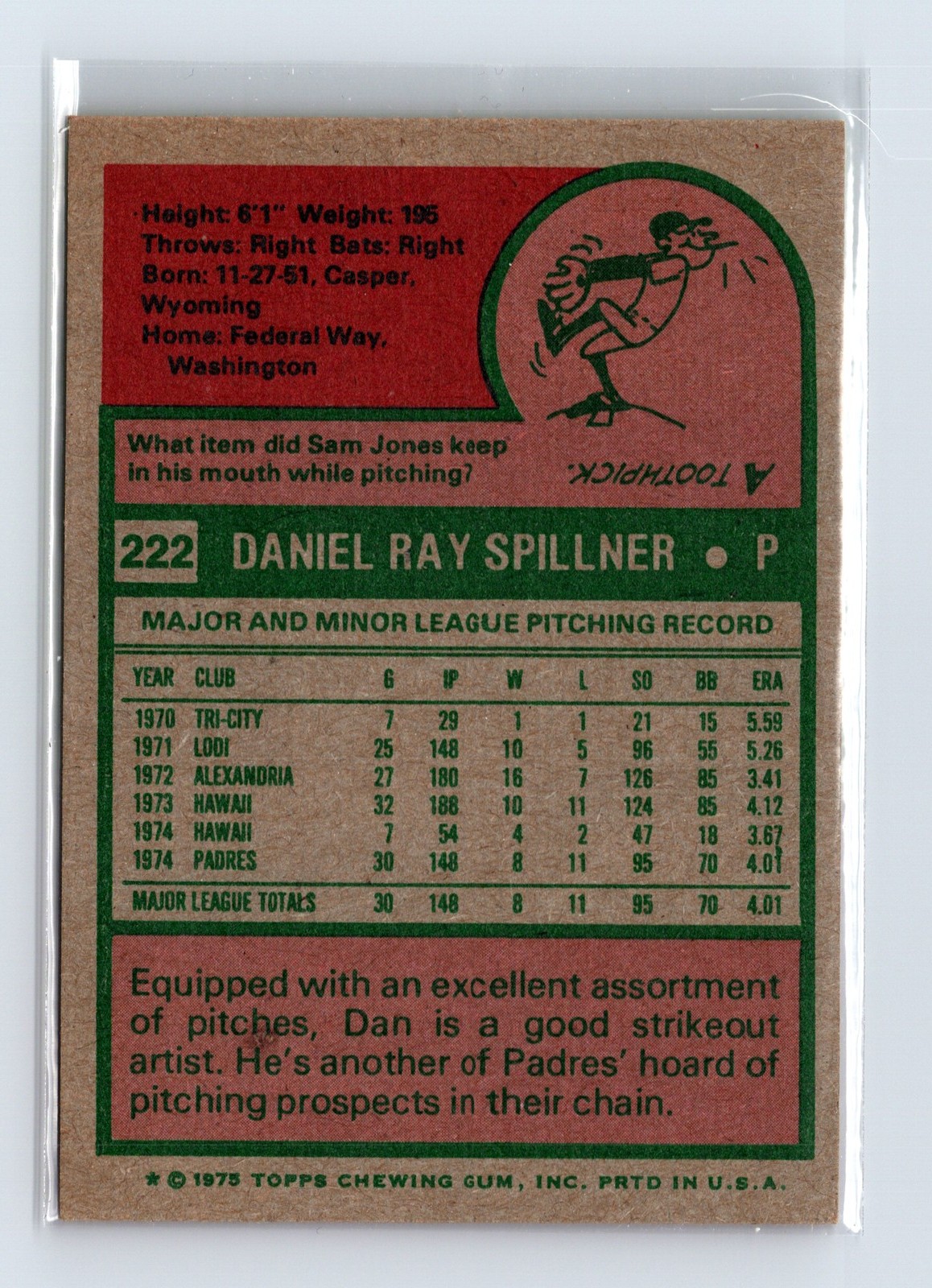 1975 Topps Baseball - SET BREAK - #222 Dan Spillner (RC) - Image 2