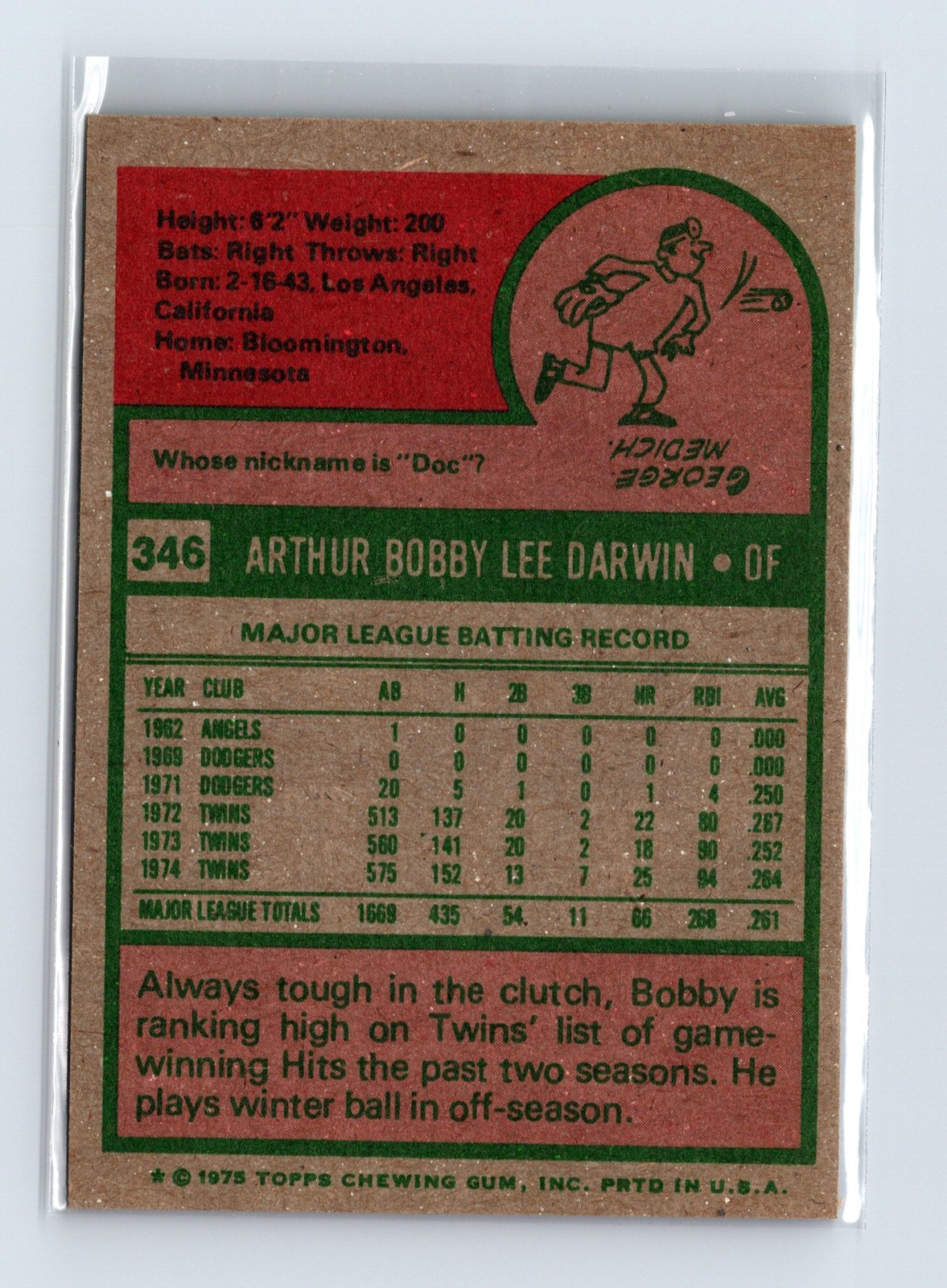 1975 Topps Baseball - SET BREAK - #346 Bobby Darwin - Image 2