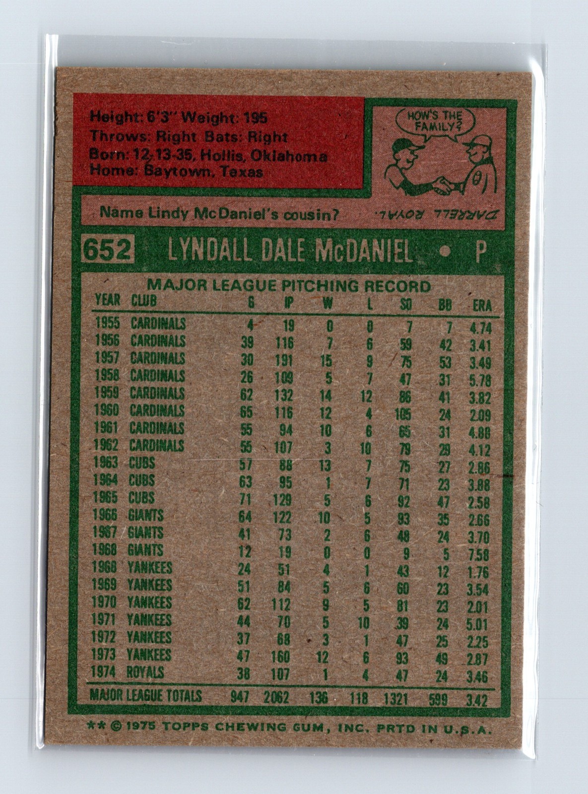 1975 Topps Baseball - SET BREAK - #652 Lindy McDaniel - Image 2