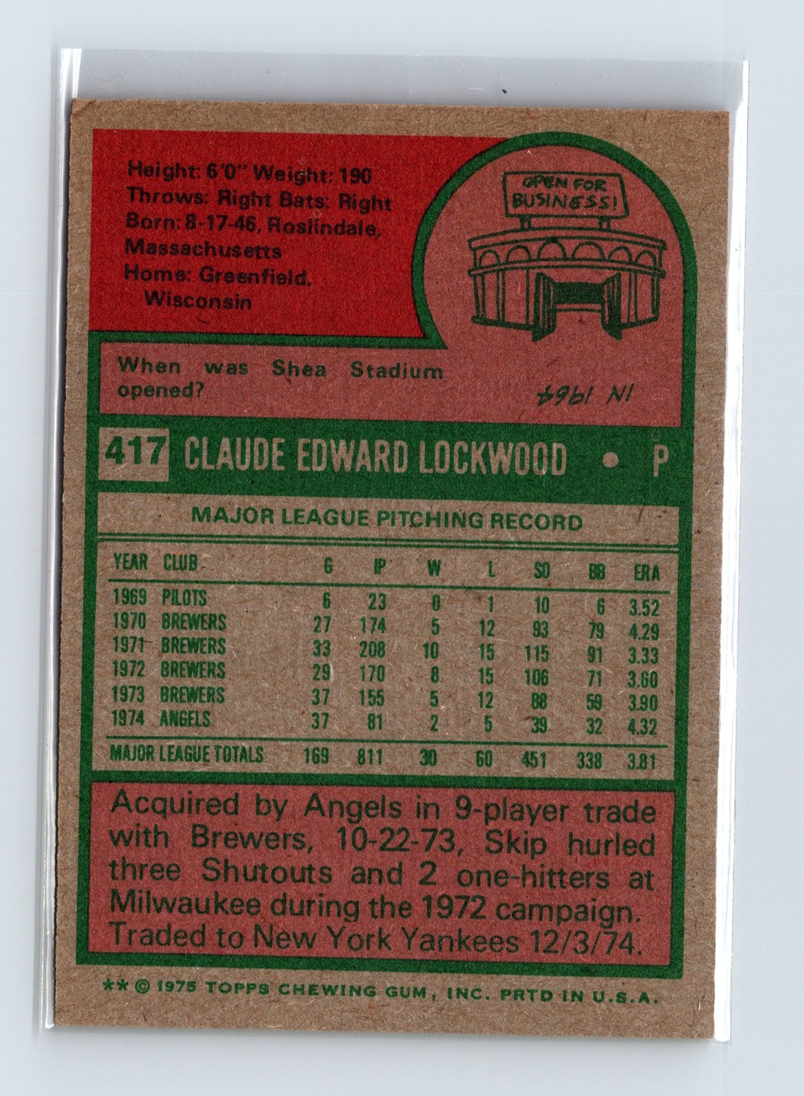 1975 Topps Baseball - SET BREAK - #417 Skip Lockwood - Image 2