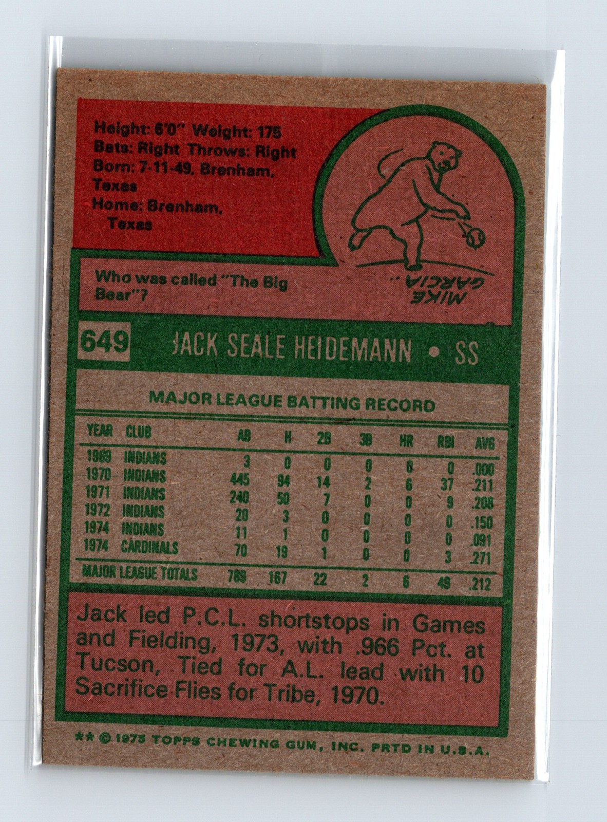 1975 Topps Baseball - SET BREAK - #649 Jack Heidemann - Image 2