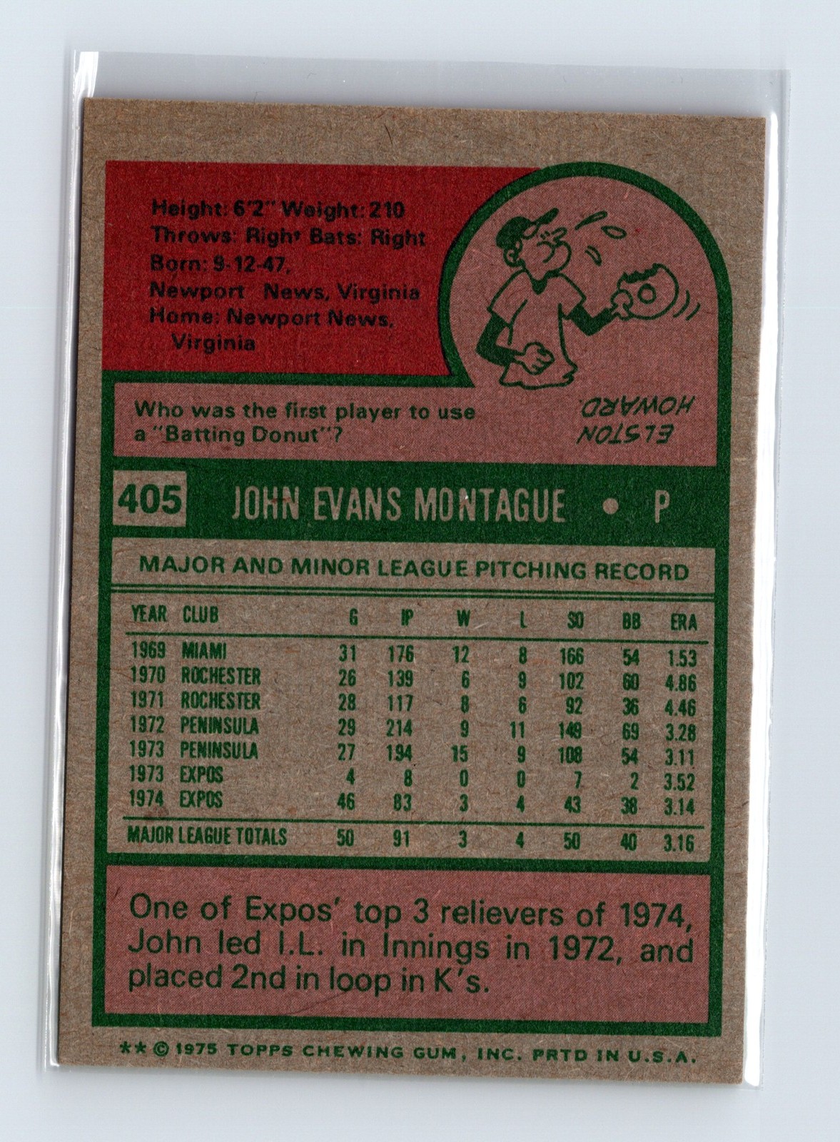 1975 Topps Baseball - SET BREAK - #405 John Montague (RC) - Image 2