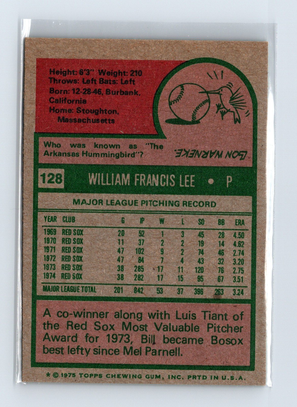 1975 Topps Baseball - SET BREAK - #128 Bill Lee - Image 2