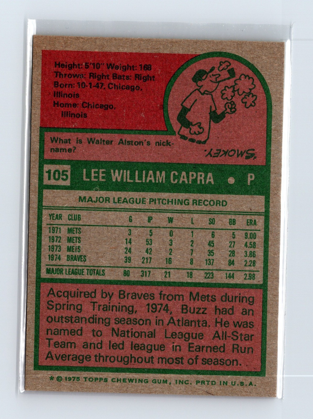 1975 Topps Baseball - SET BREAK - #105 Buzz Capra - Image 2