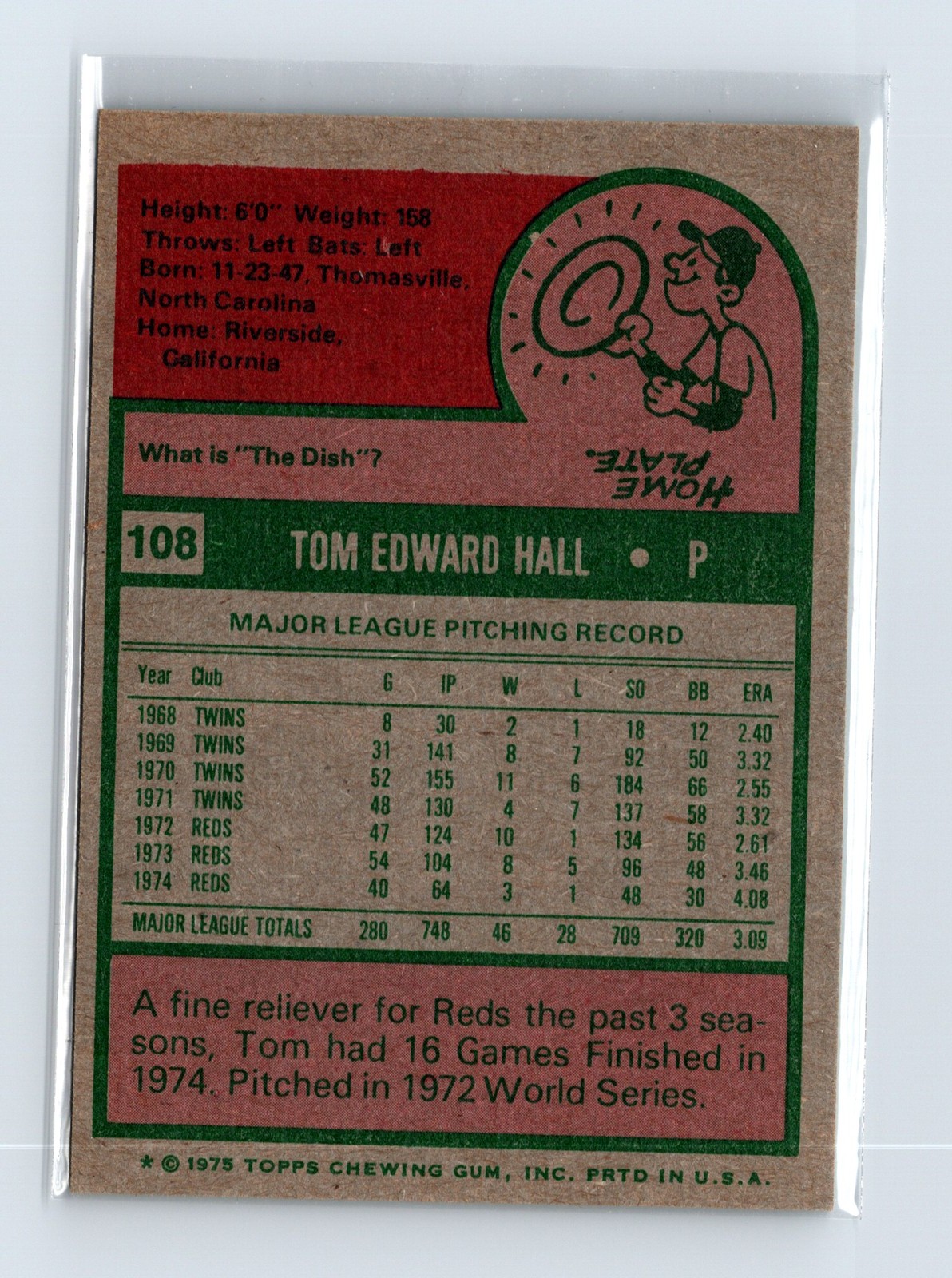 1975 Topps Baseball - SET BREAK - #108 Tom Hall - Image 2