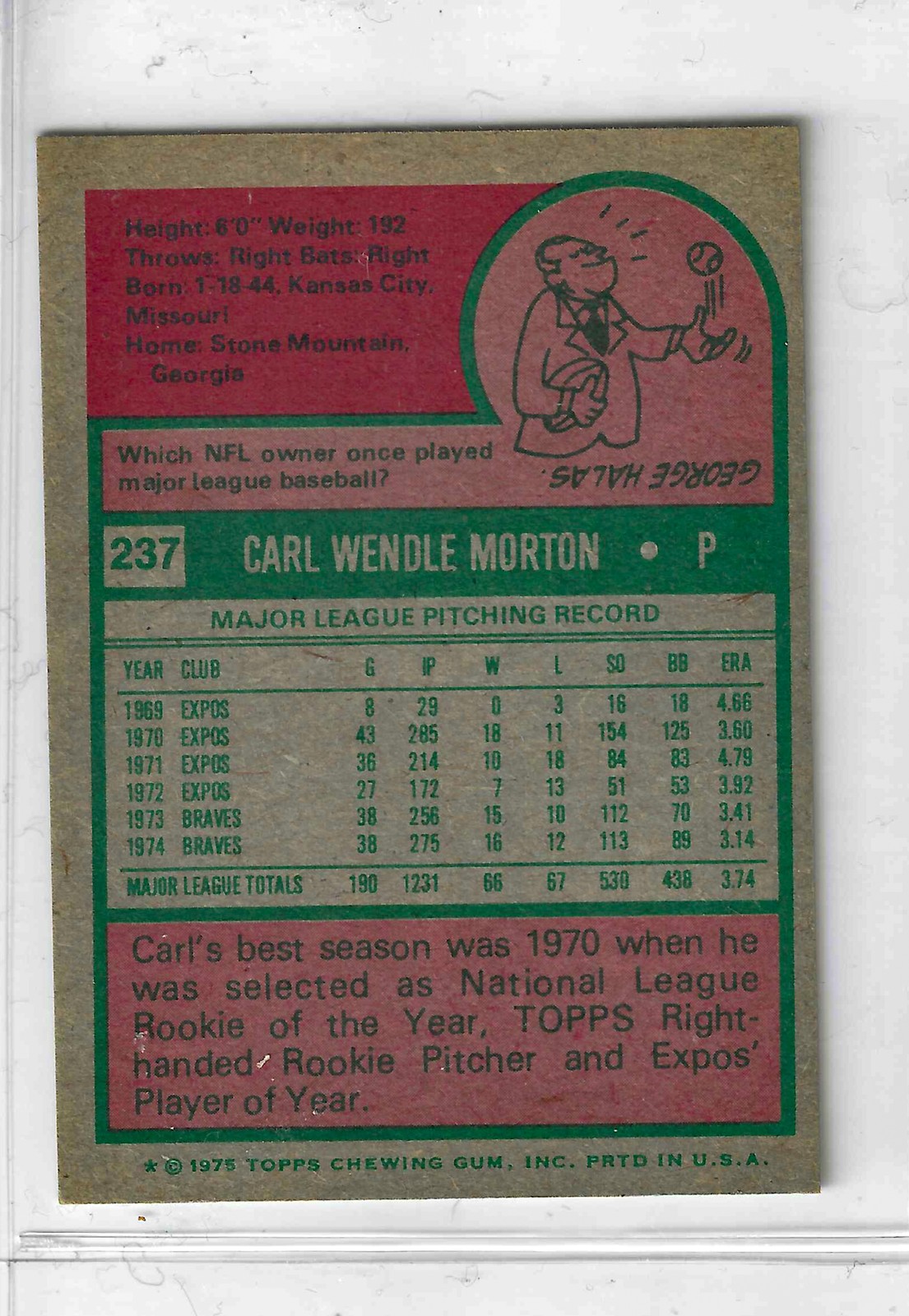 1975 Topps MINI Baseball - SET BREAK - Carl Morton #237 - Image 2