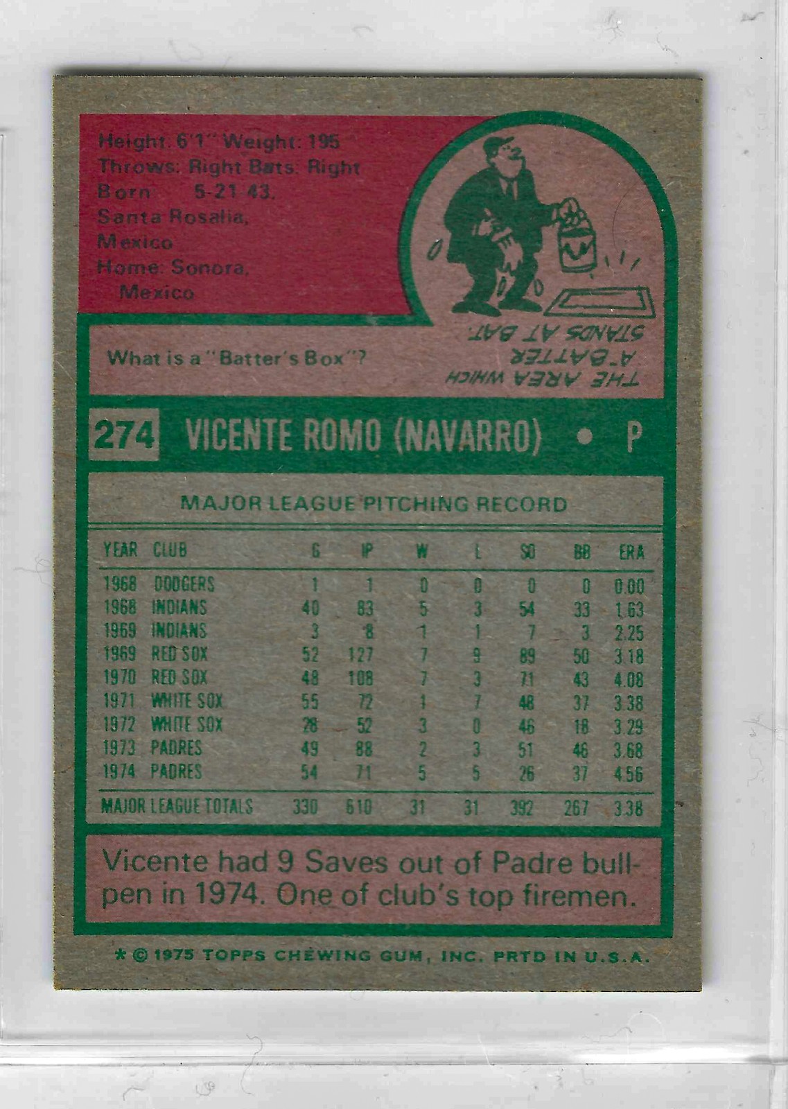 1975 Topps MINI Baseball - SET BREAK - Vicente Romo #274 - Image 2