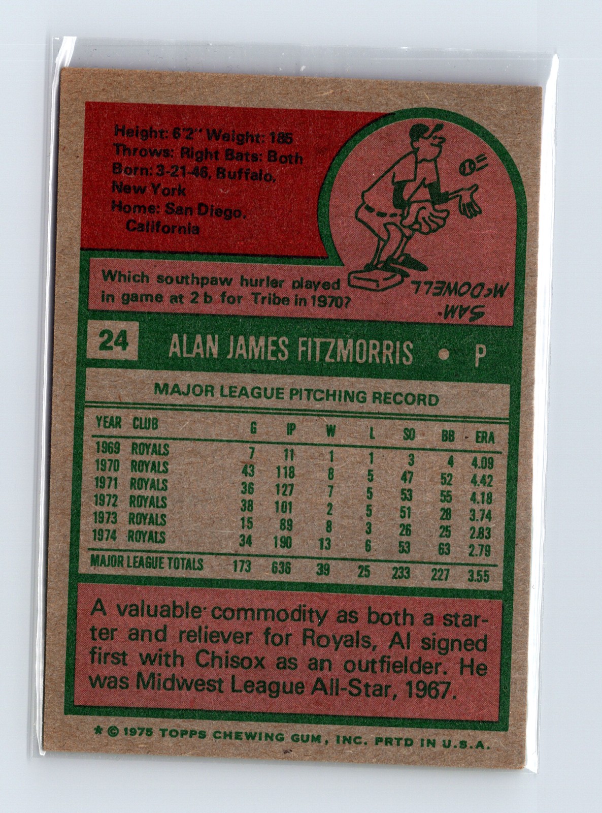 1975 Topps Baseball - SET BREAK - #24 Al Fitzmorris - Image 2