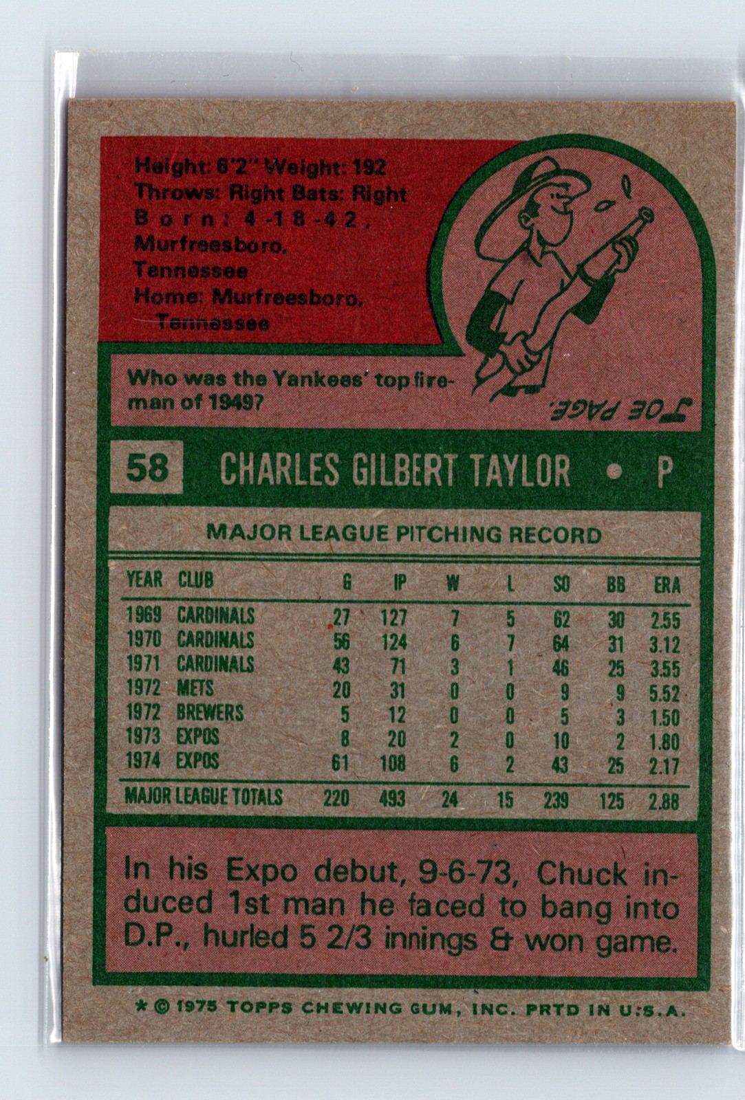 1975 Topps Baseball - SET BREAK - #58 Chuck Taylor - Image 2