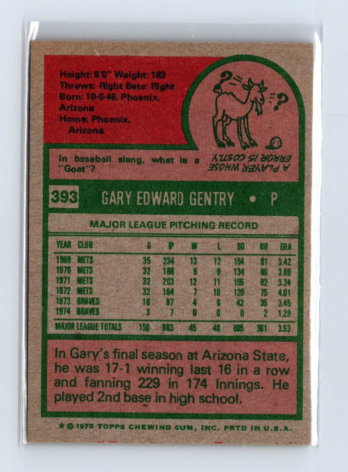 1975 Topps Baseball - SET BREAK - #393 Gary Gentry - Image 2