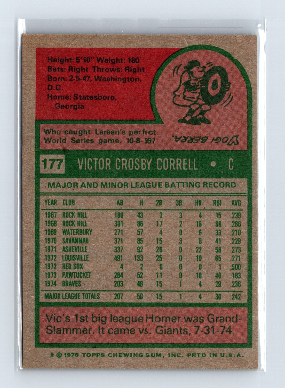 1975 Topps Baseball - SET BREAK - #177 Vic Correll (RC) - Image 2