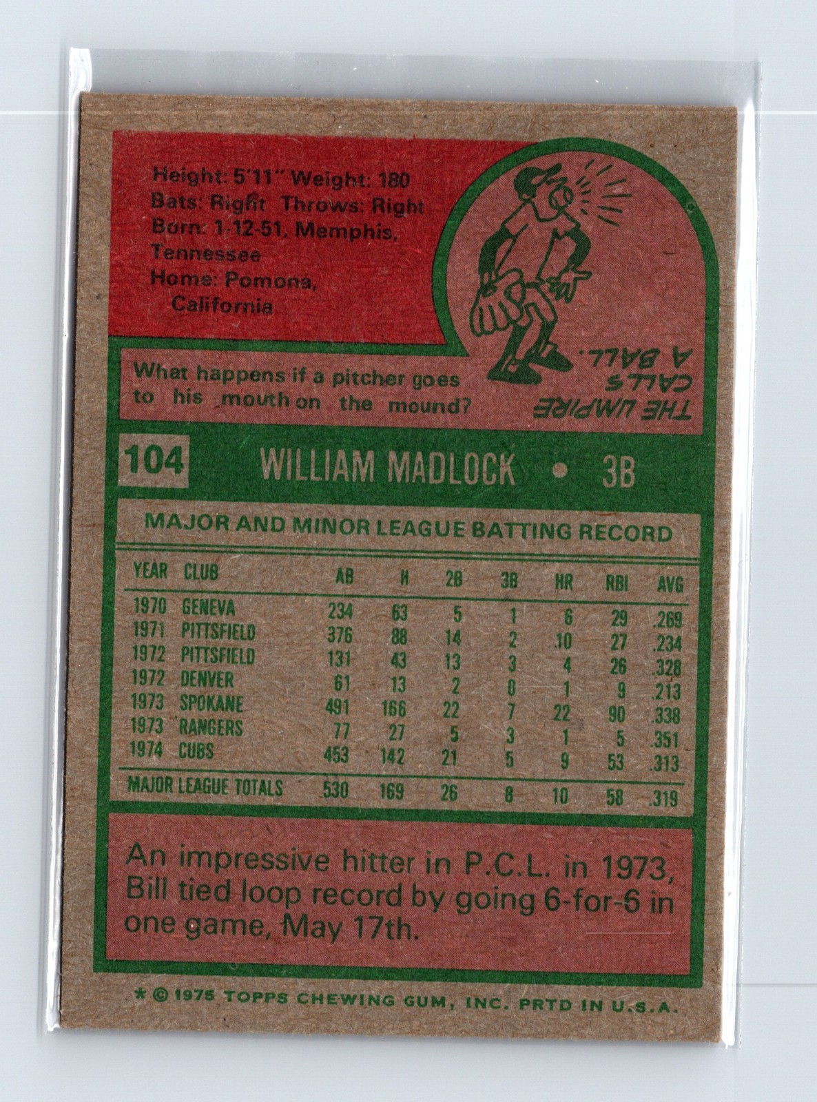 1975 Topps Baseball - SET BREAK - #104 Bill Madlock - Image 2