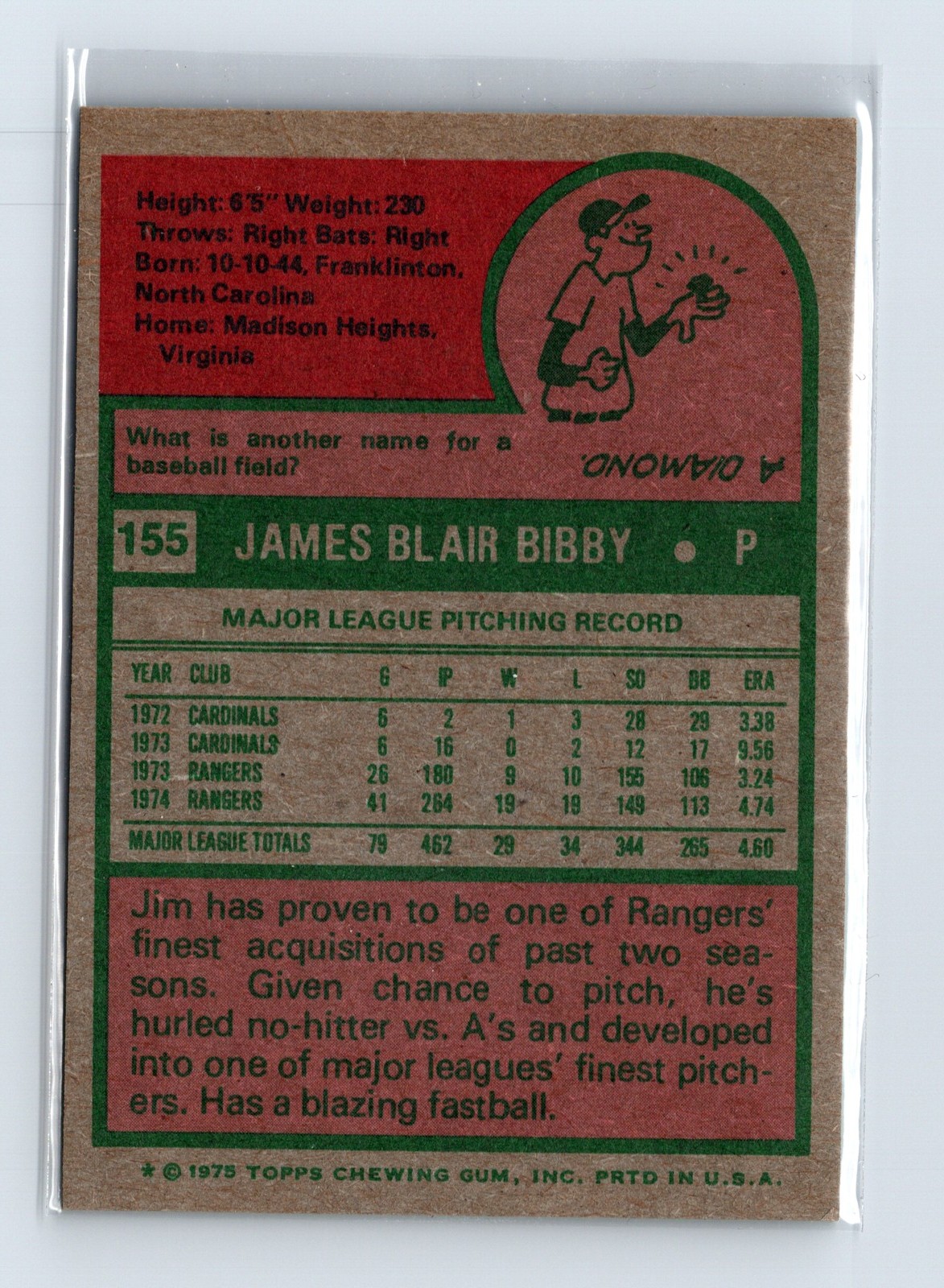 1975 Topps Baseball - SET BREAK - #155 Jim Bibby - Image 2
