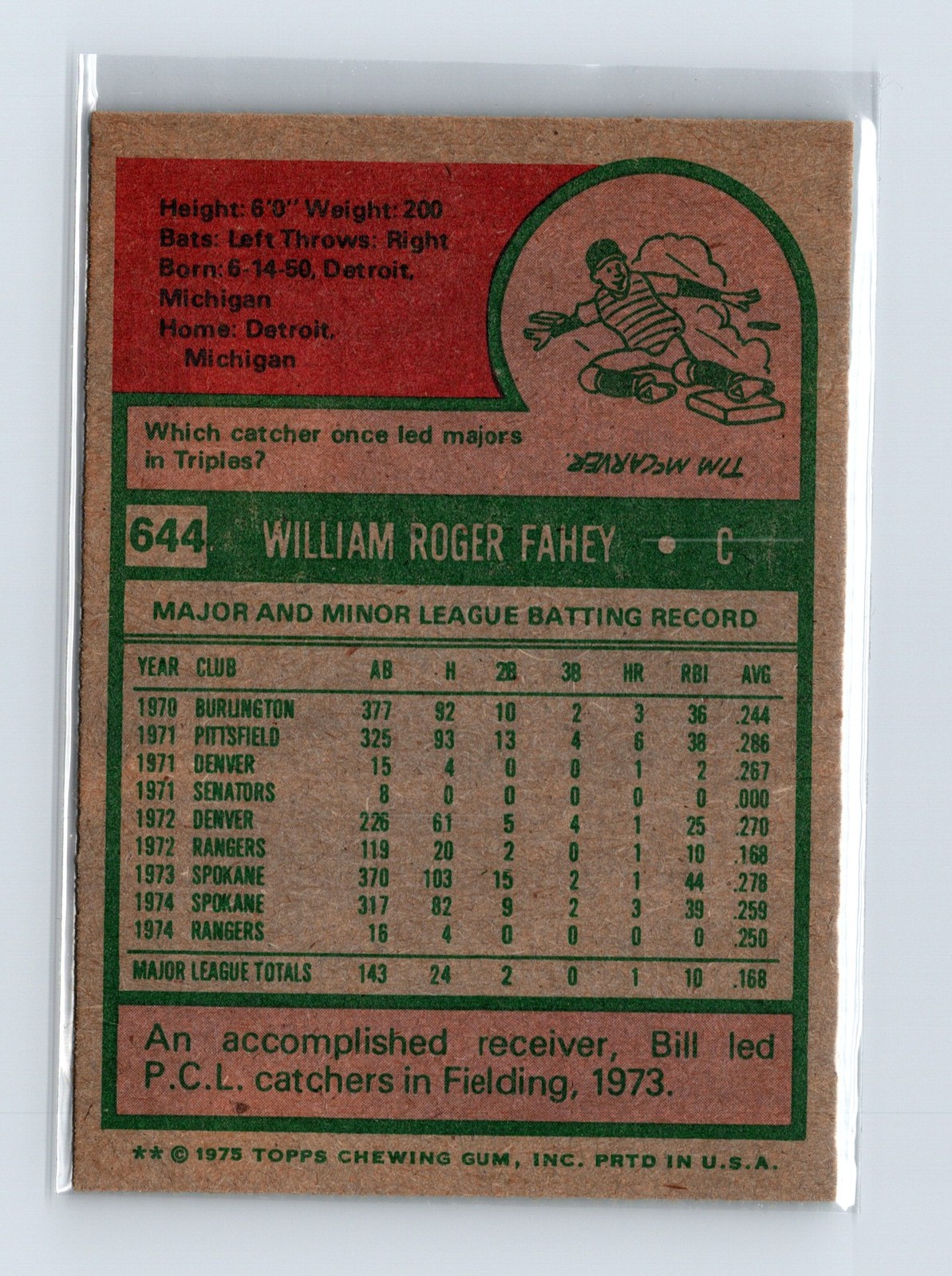 1975 Topps Baseball - SET BREAK - #644 Bill Fahey - Image 2
