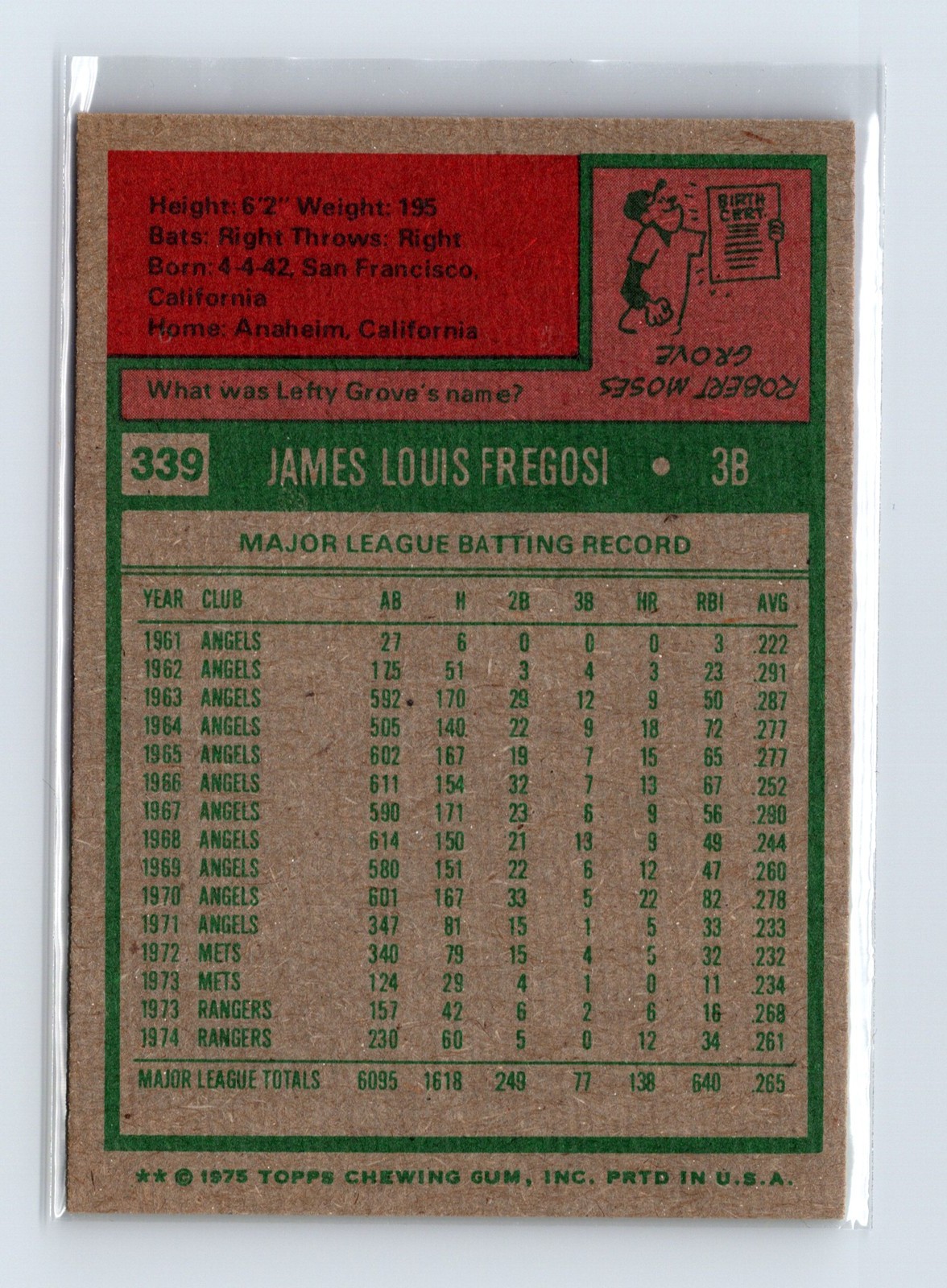 1975 Topps Baseball - SET BREAK - #339 Jim Fregosi - Image 2