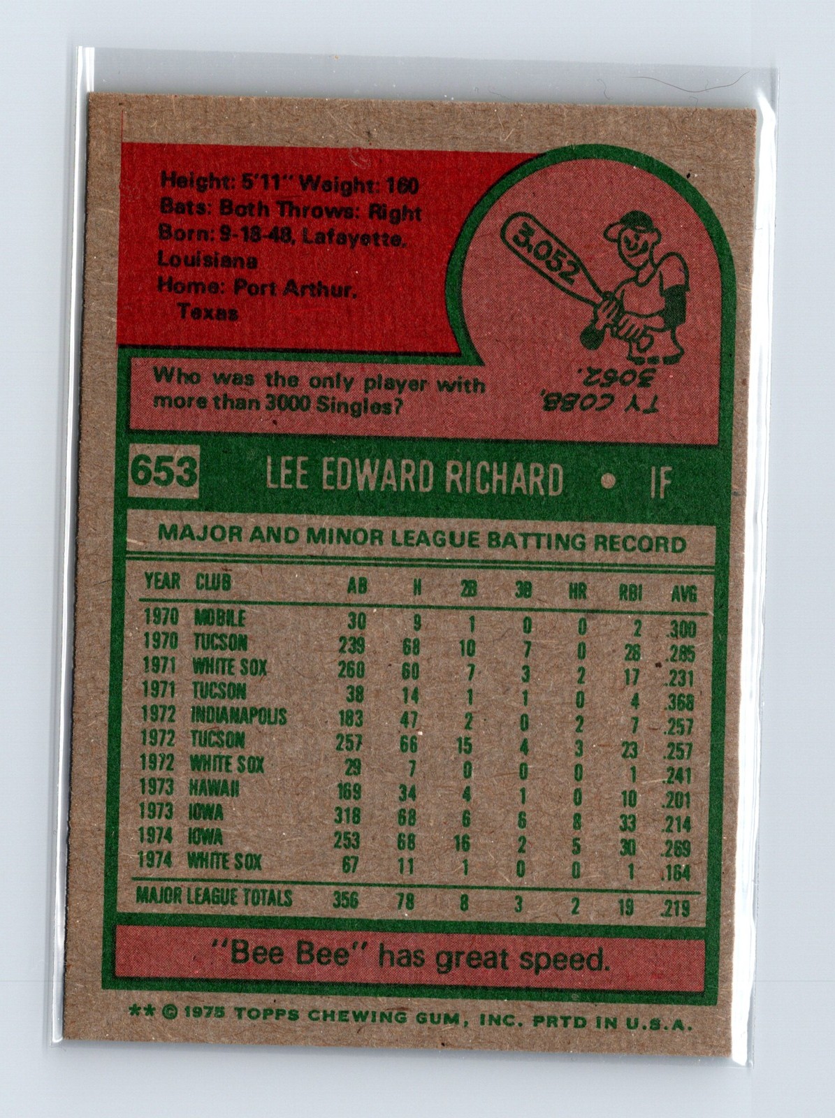 1975 Topps Baseball - SET BREAK - #653 Lee Richard Spelled Richards on Card - Image 2