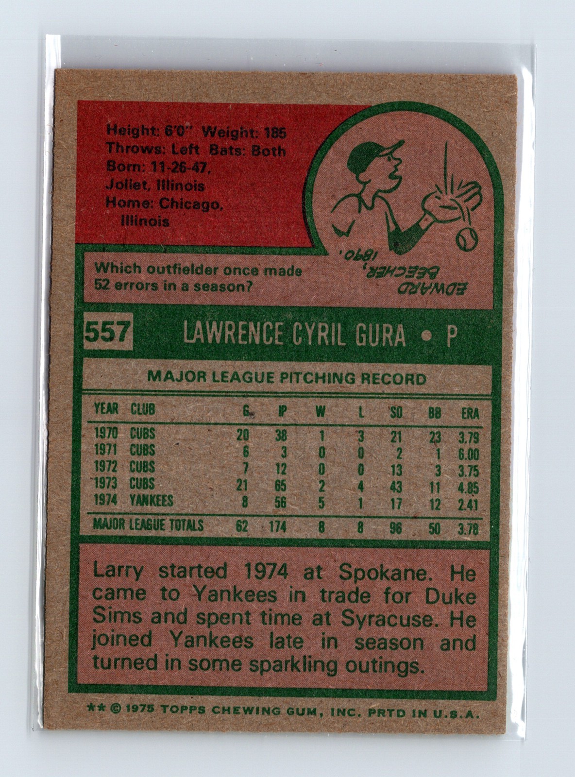 1975 Topps Baseball - SET BREAK - #557 Larry Gura - Image 2