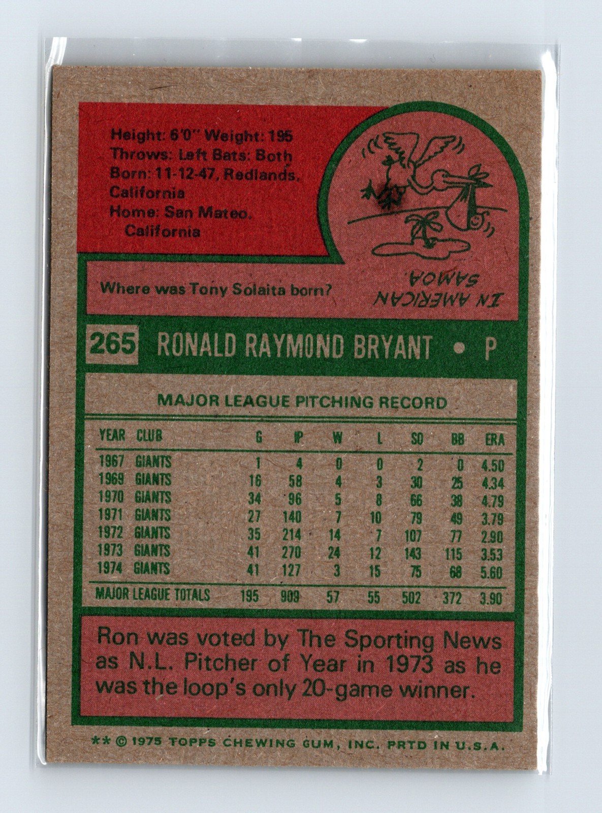 1975 Topps Baseball - SET BREAK - #265 Ron Bryant - Image 2