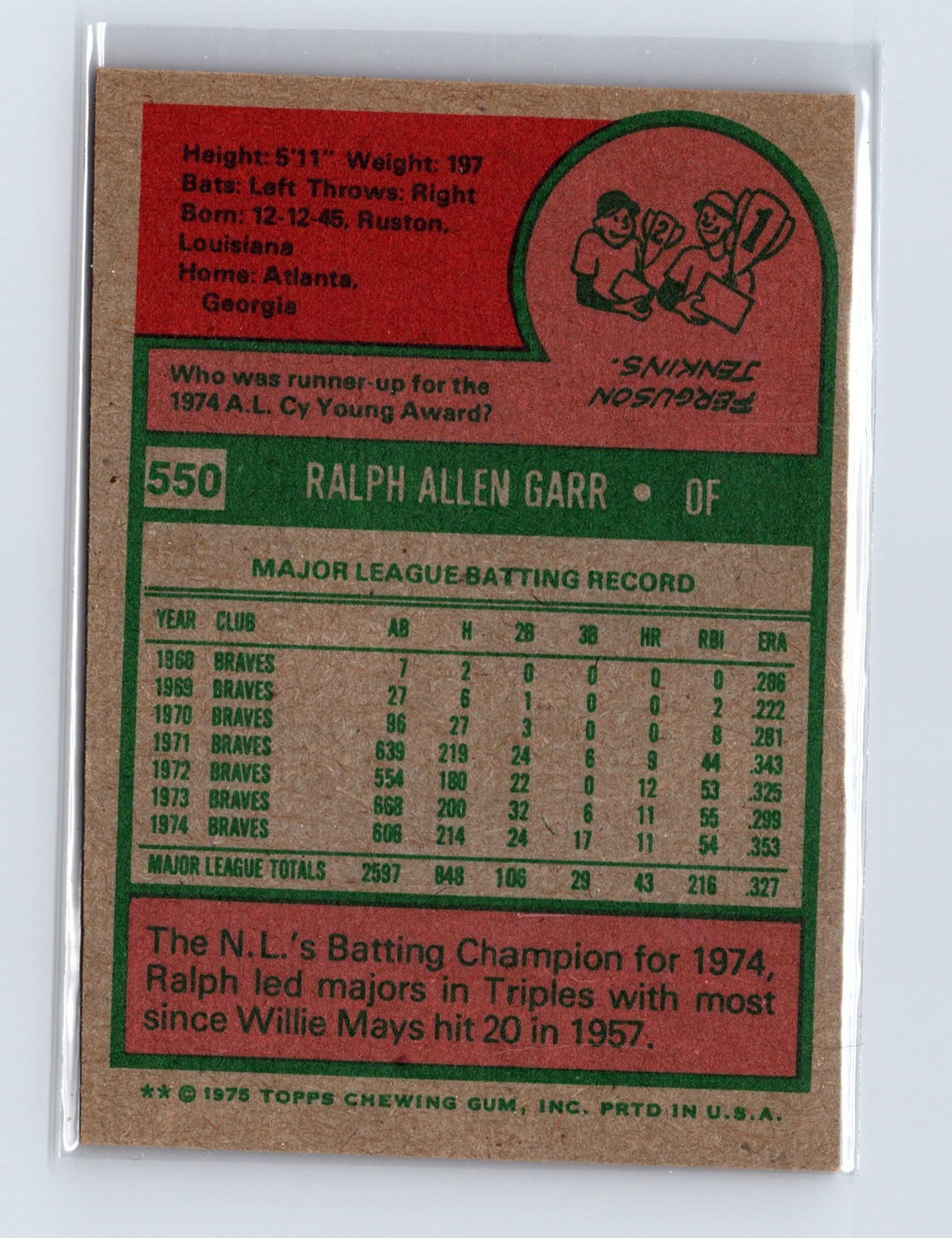 1975 Topps Baseball - SET BREAK - #550 Ralph Garr - Image 2