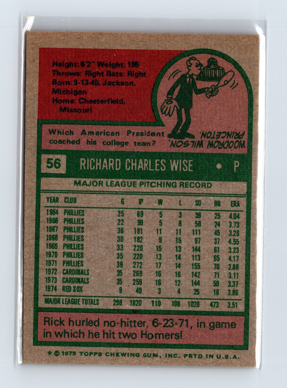 1975 Topps Baseball - SET BREAK - #56 Rick Wise - Image 2