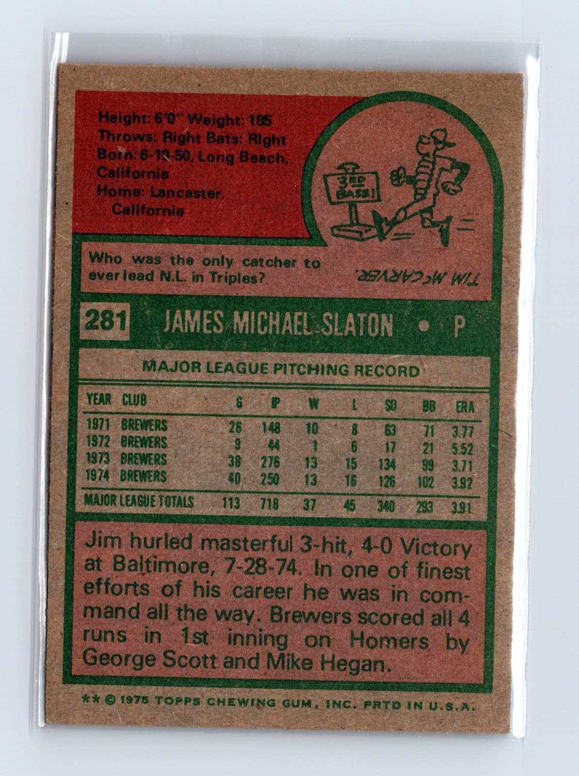 1975 Topps Baseball - SET BREAK - #281 Jim Slaton - Image 2