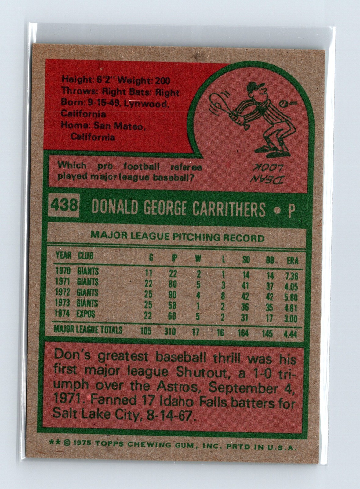 1975 Topps Baseball - SET BREAK - #438 Don Carrithers - Image 2