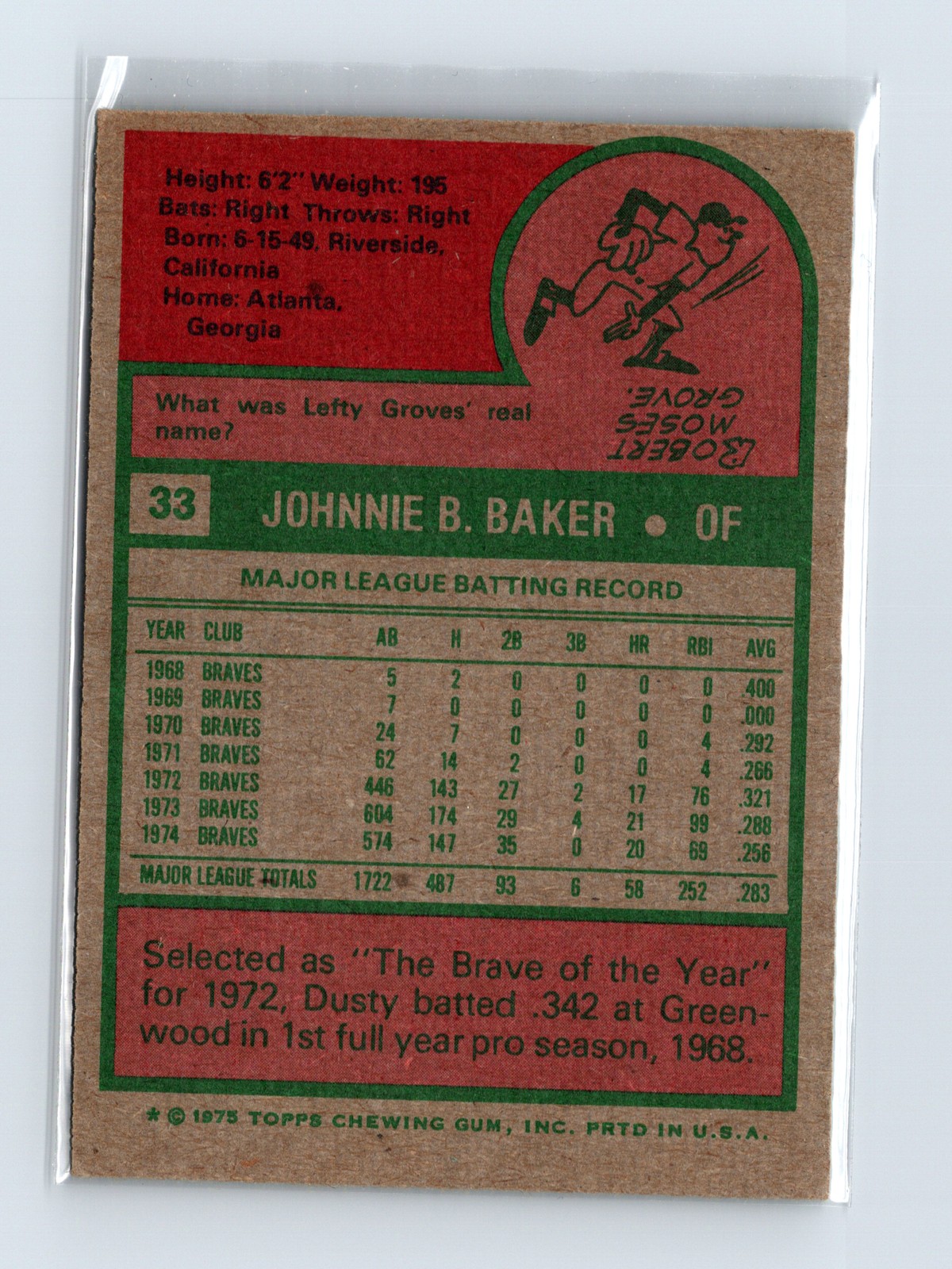 1975 Topps Baseball - SET BREAK - #33 Dusty Baker - Image 2