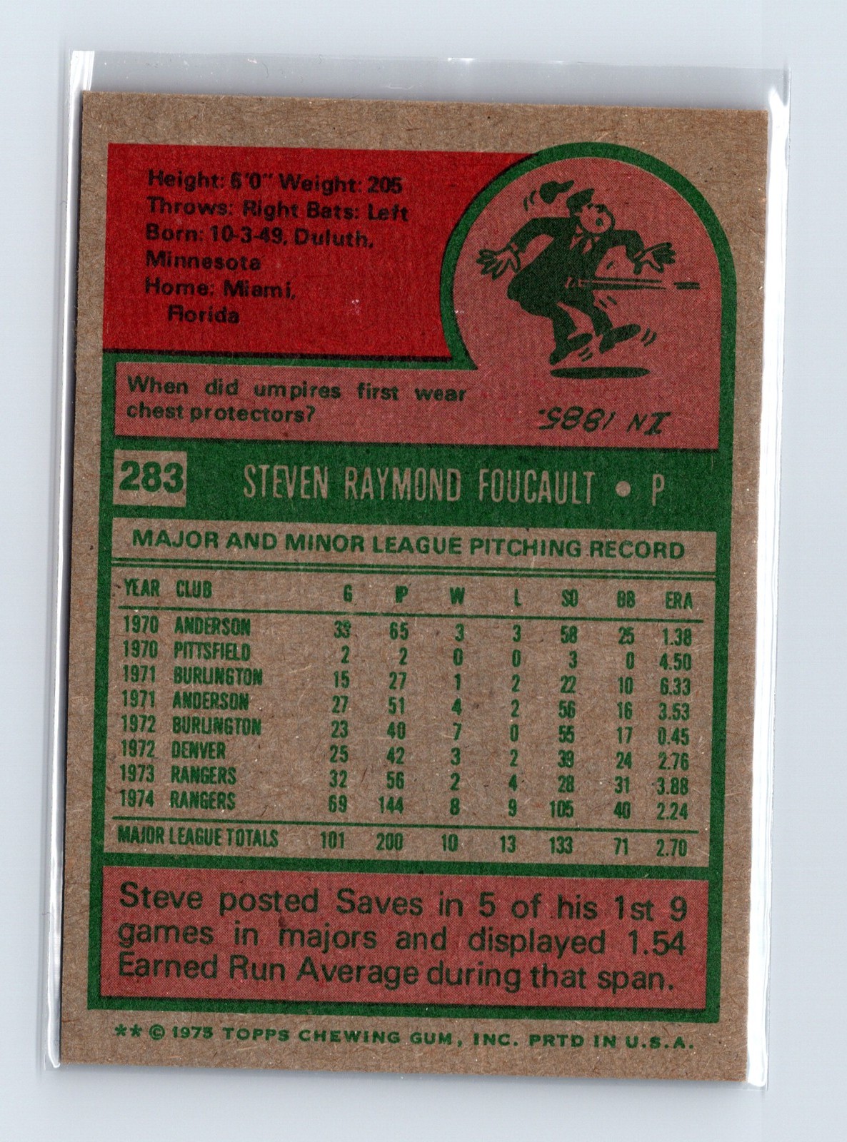 1975 Topps Baseball - SET BREAK - #283 Steve Foucault - Image 2