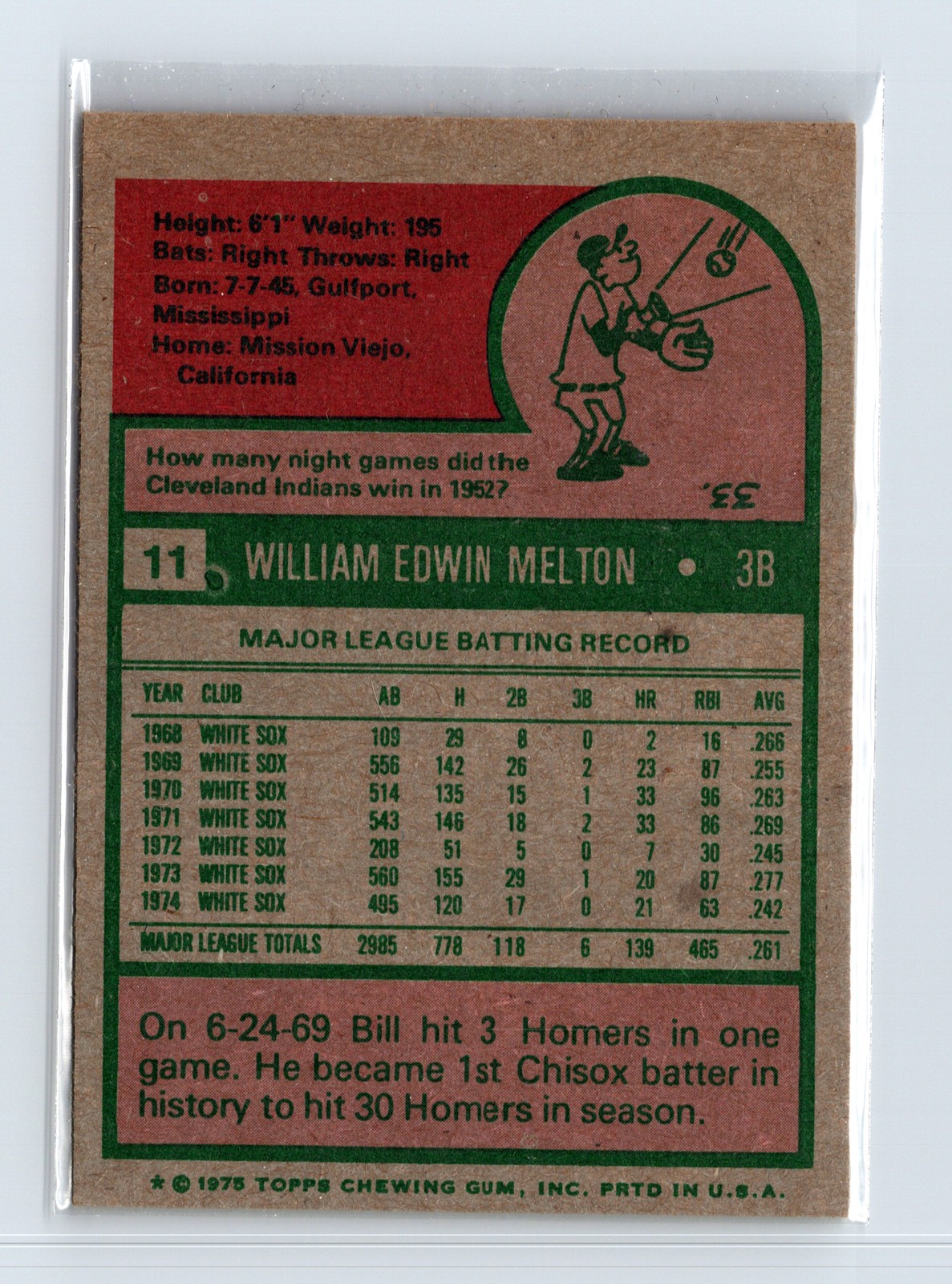 1975 Topps Baseball - SET BREAK - #11 Bill Melton - Image 2