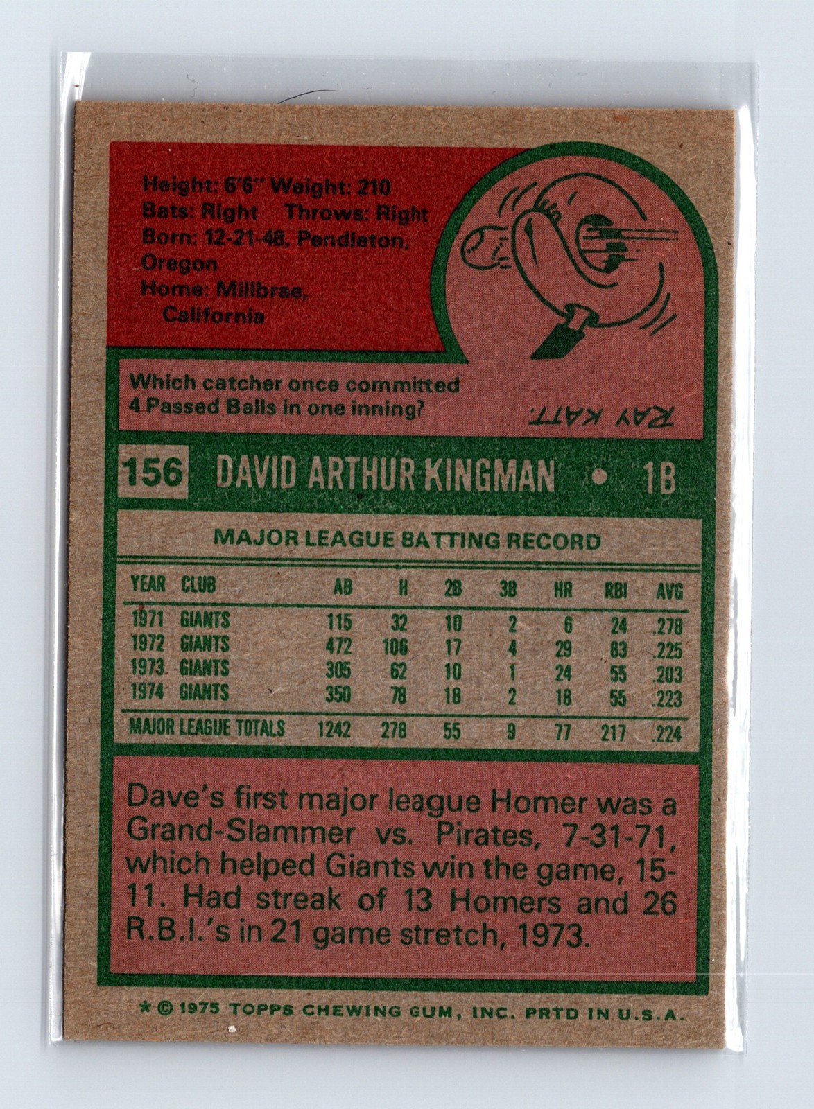 1975 Topps Baseball - SET BREAK - #156 Dave Kingman - Image 2