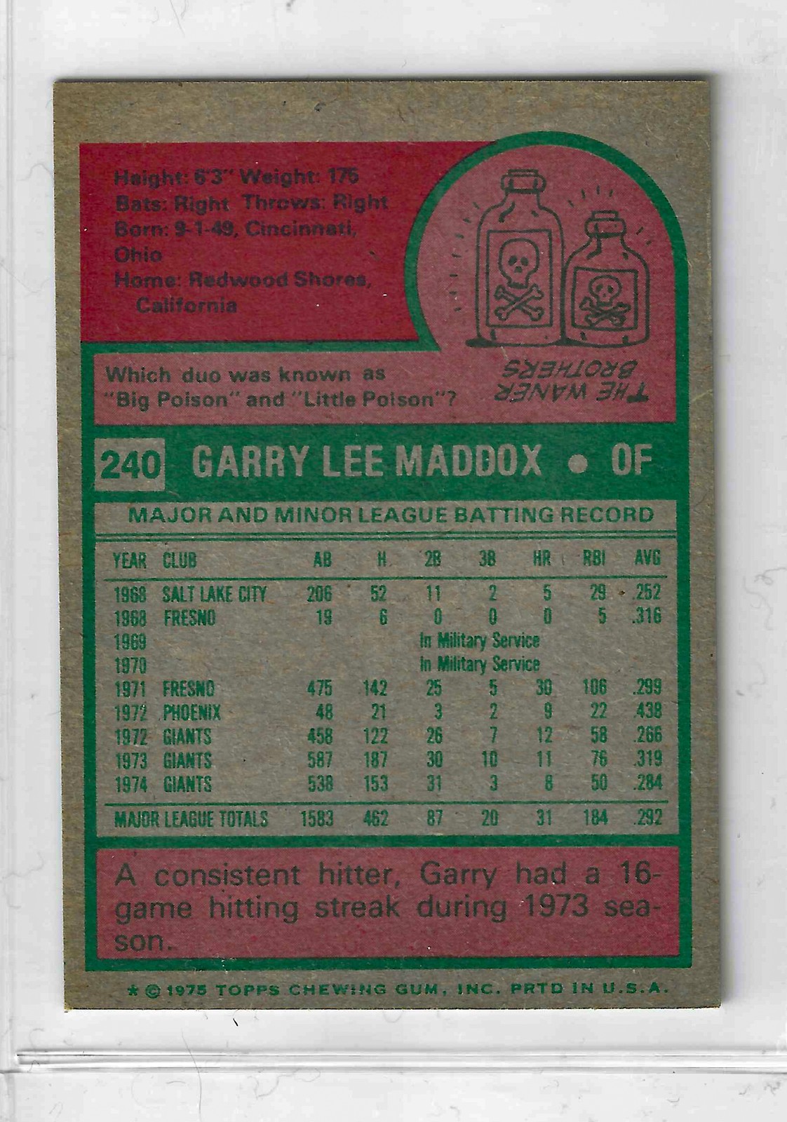 1975 Topps MINI Baseball - SET BREAK - Garry Maddox #240 - Image 2