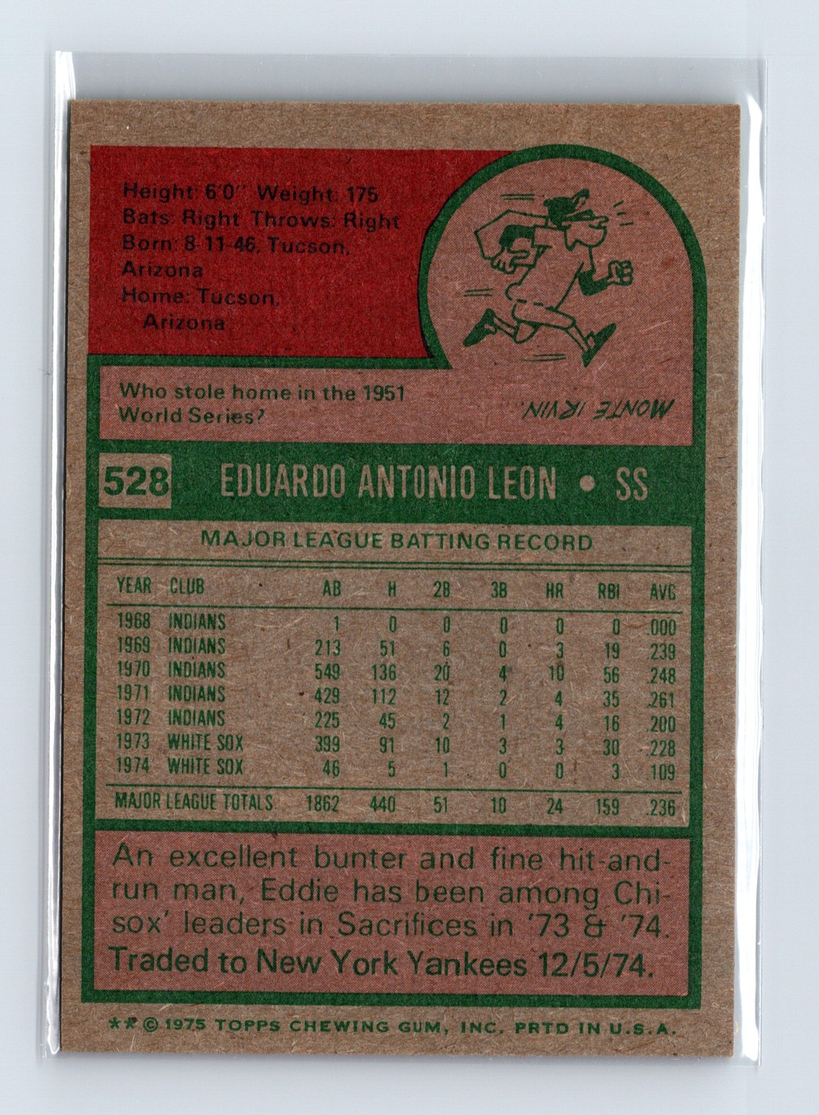 1975 Topps Baseball - SET BREAK - #528 Eddie Leon - Image 2