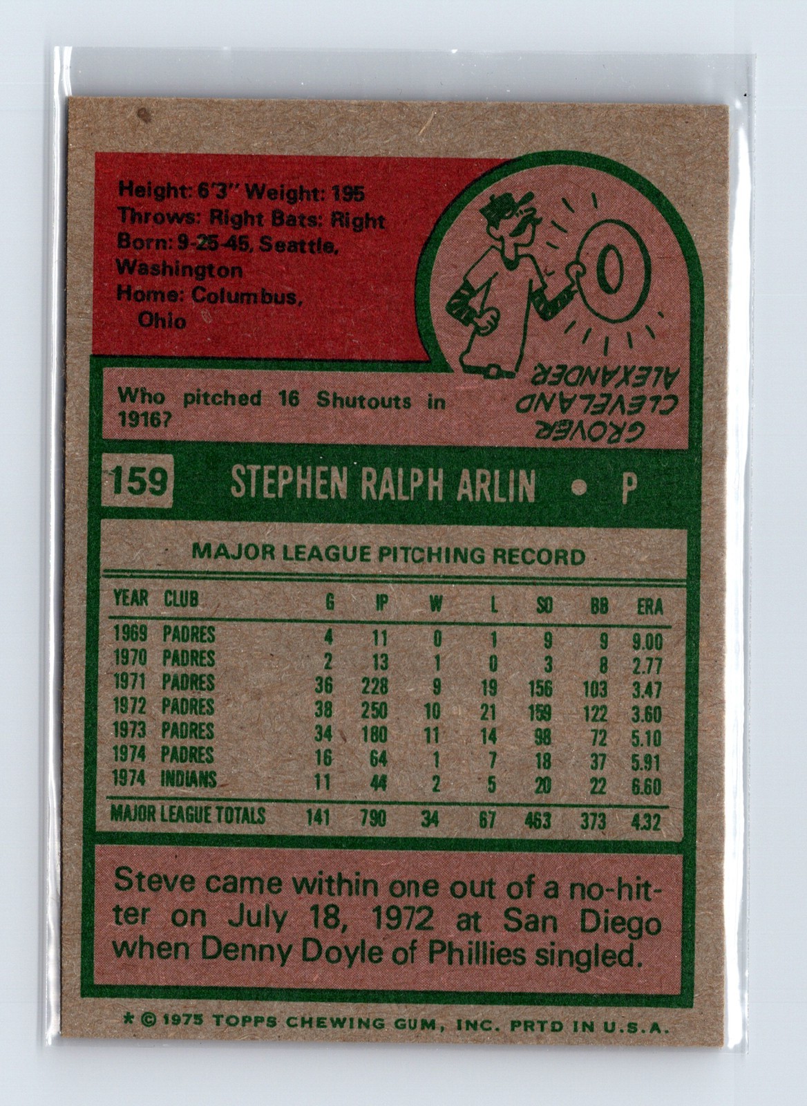 1975 Topps Baseball - SET BREAK - #159 Steve Arlin - Image 2